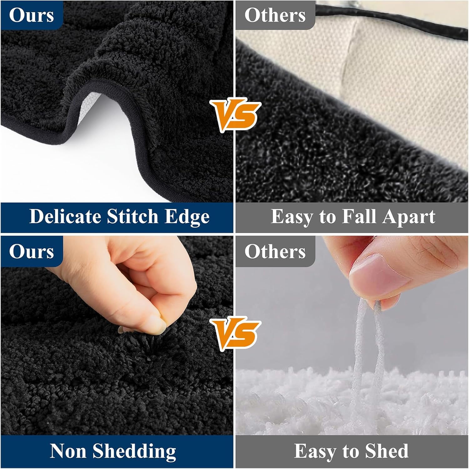 Ileading Bathroom Rugs Sets 5 Piece, Ultra Soft Absorbent Bath Mat for Bathroom, Non Slip Washable Bath Rug Set with Toilet Cover, Plush Bath Runner and U-Shaped Contour Toilet Rug, Black