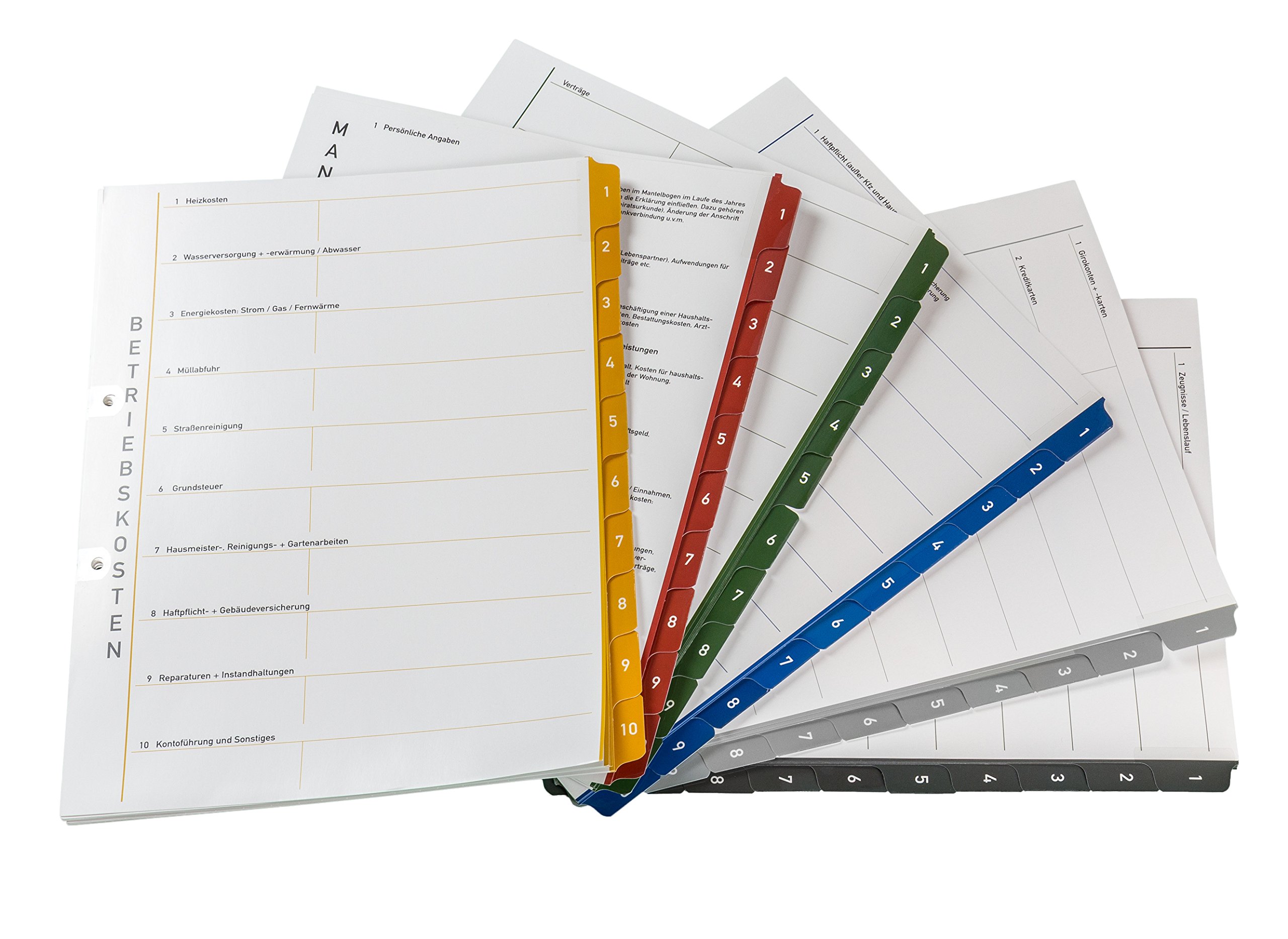 PLASTOREG Smidt GmbH 6er-Pack Themenringbücher mit Register für Versicherungen/Steuern/Vorsorge/Finanzen/Dokumente/Betriebskosten, A4, Bunt, Karton, Ringbuch