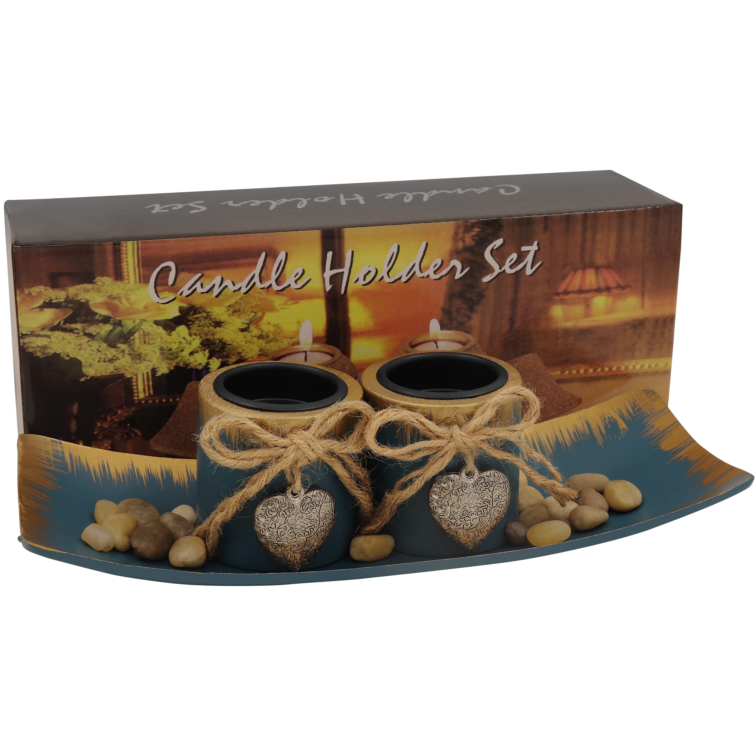 SoyizomSet of 2 Vintage Farmhouse Candle Holder with Heart Design Wood Candlescape Set BlueTealight Candle Holder for Table Home Decor,Votive Candle holders for Rustic Wedding Holiday Decoration