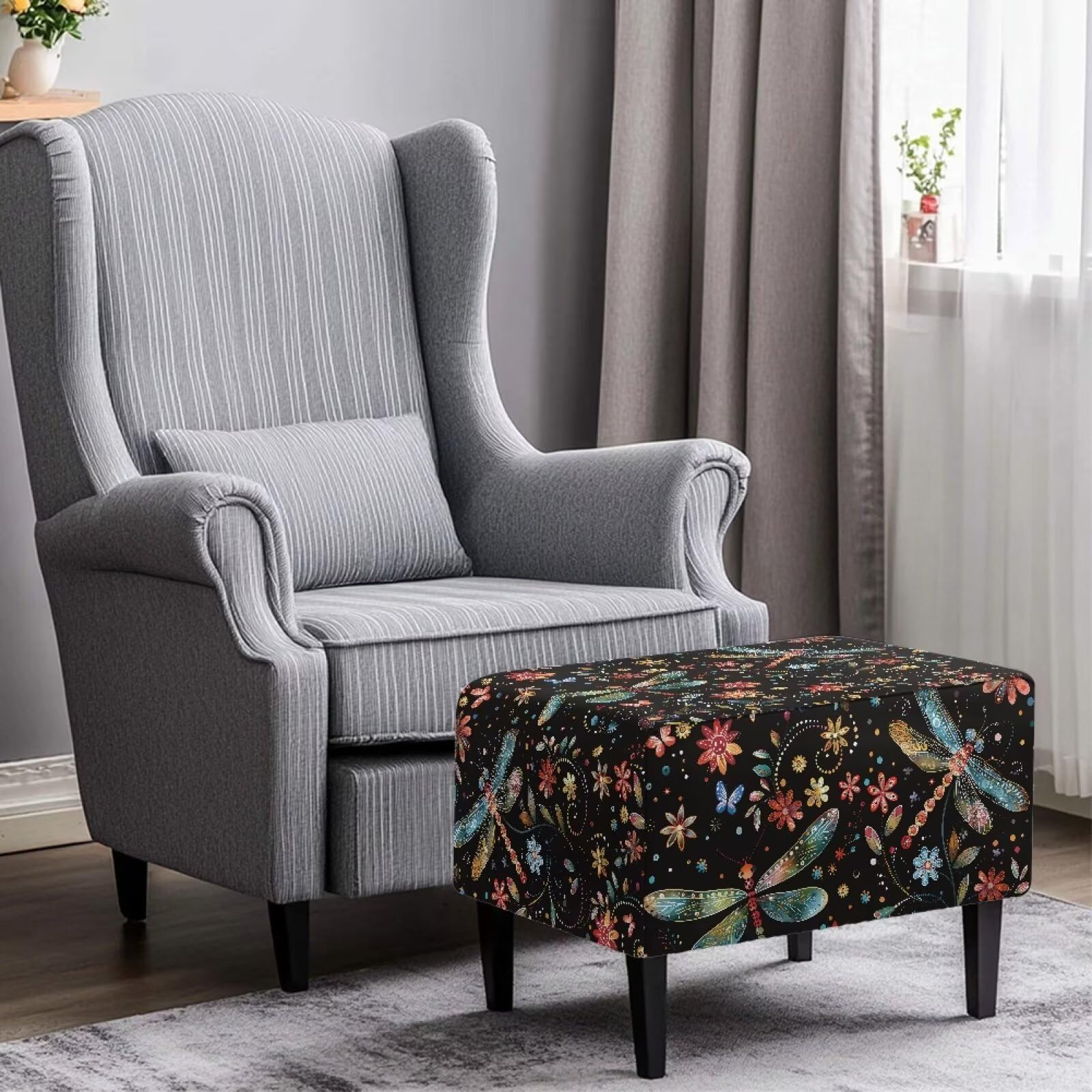 YUVAMAGIMO Dragonfly Ottoman Cover Rectangle Stretch Ottoman Slipcover Waterproof Storage Footstool Covers Furniture Protector with Elastic Bottom for Rectangular Bedside Sofa Bench