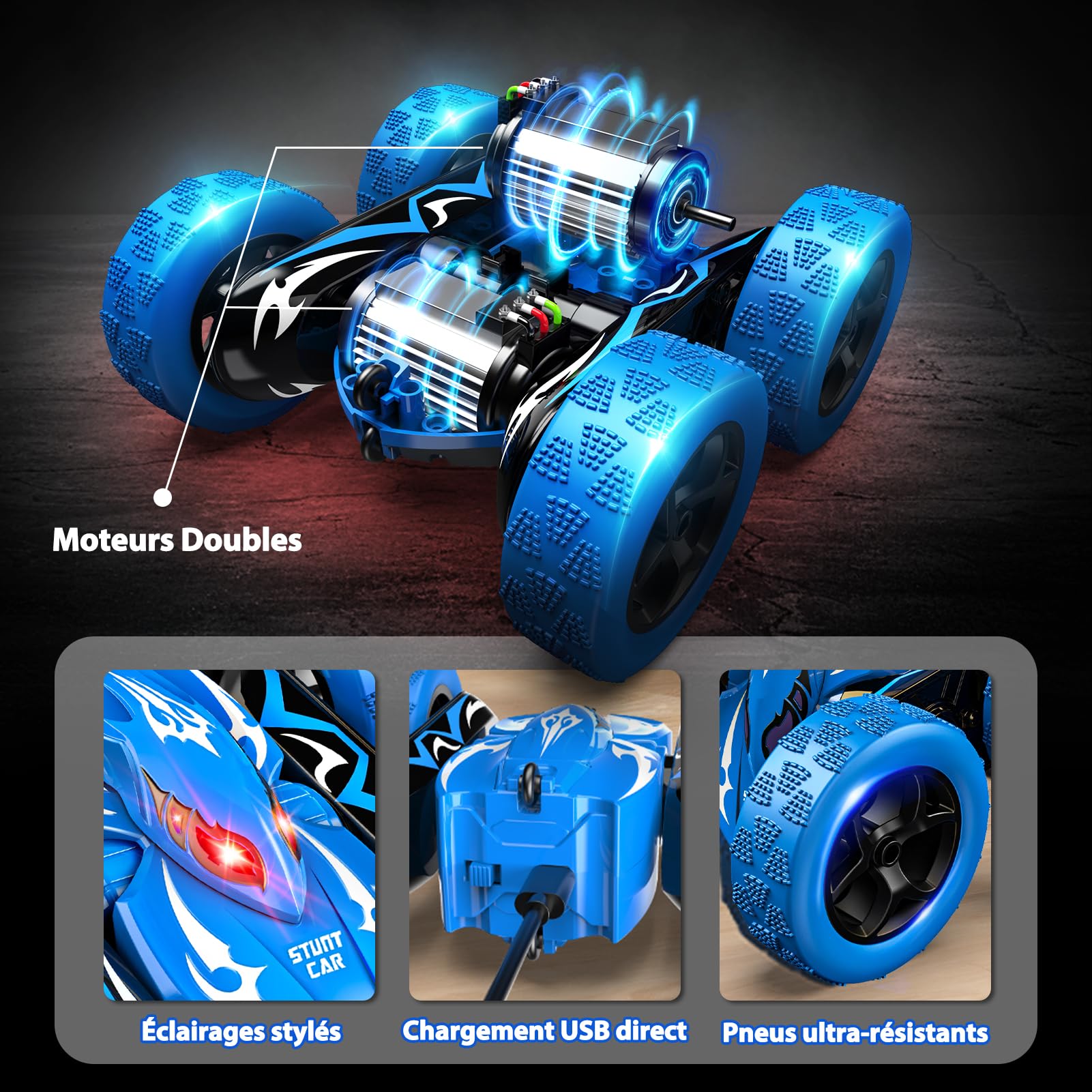 HappyGoLucky Voiture Telecommandé Enfant, 360° Rotation Voiture Télécommandée Monster Truck, 2.4Ghz 4WD Voiture Rc Car Jouet Cadeau Enfant Garcon 3-9 Ans Jeux Exterieur Cadeau Anniversaire