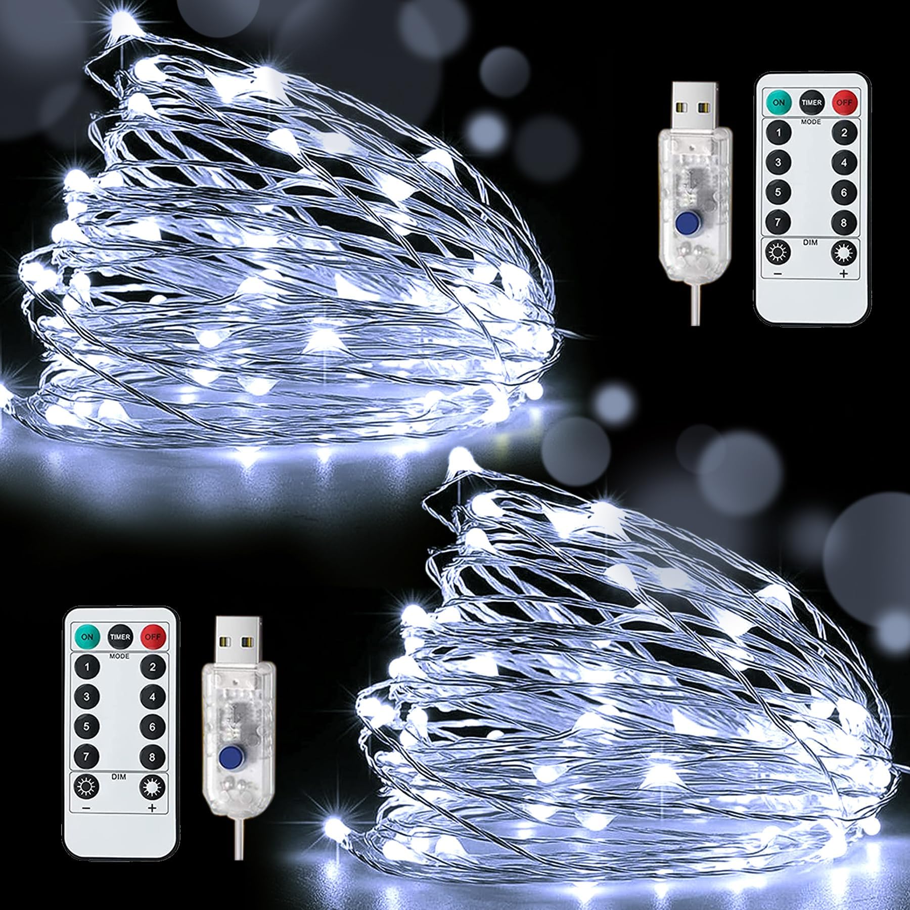 Knayis Cool White 2Pack 120Led Usb Fairy Lights,12M/40Ft Usb Powered String Lights,8 Mode With Remote Control Plug In Fairy Lights For Bedroom Indoor/Outdoor Party Wedding Christmas Decoration (Cool White)