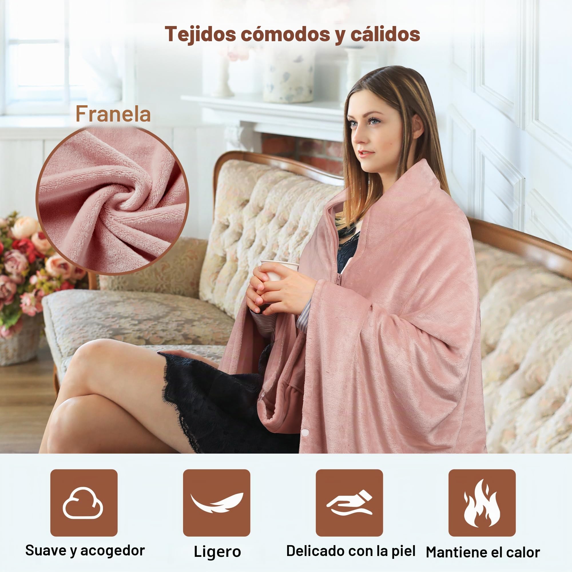 Manta Eléctrica Inalámbrica con 10000mAh Batería, 160x90cm Manta Térmica USB de Franela para Exteriores, Camping, Hogar, Oficina, Sofá, 3 Niveles de Calor, 6 Zonas de Calor, Lavable(Rosa)