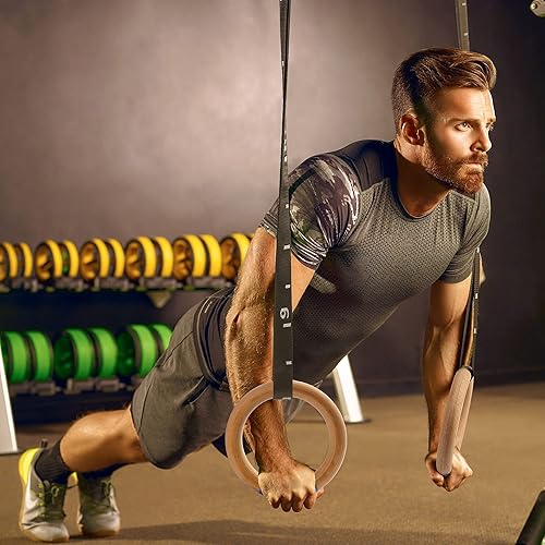 Miniatura 7 de Anillos de gimnasia de madera con correas ajustables de entrenamiento de suspensión con hebilla de leva, anillos olímpicos de 15 pies, 321.102 in,