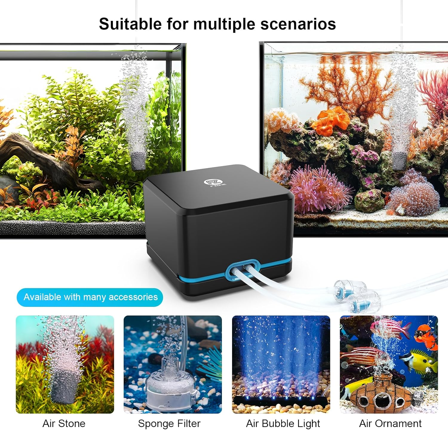 FZONE Aquarium Air Pump, Ultra Quiet Fish Tank Aerator Pump with Stainless Steel Dual Outlets, Adjustable Powerful Oxygen Pump with Air Stones for Freshwater and Saltwater Aquariums