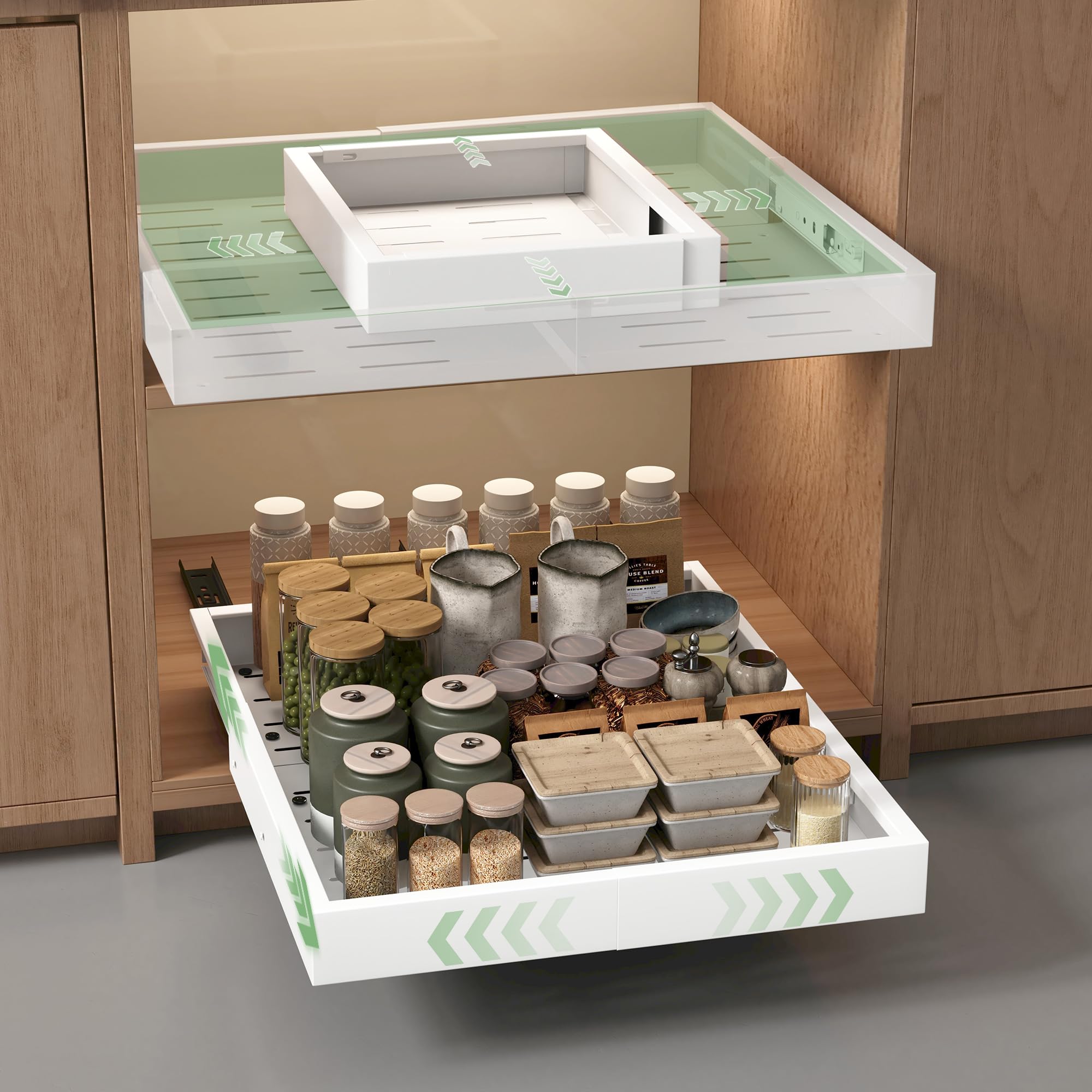 NETEL 2-Pack Pull Out Cabinet Organiser Adhesive, 4-Way Expandable Cabinet Organiser Adjustable width 30-49cm Adjustable depth41.5-55cm, Slide Out Drawers for Kitchen Cabinets,Peel And Stick No Drill