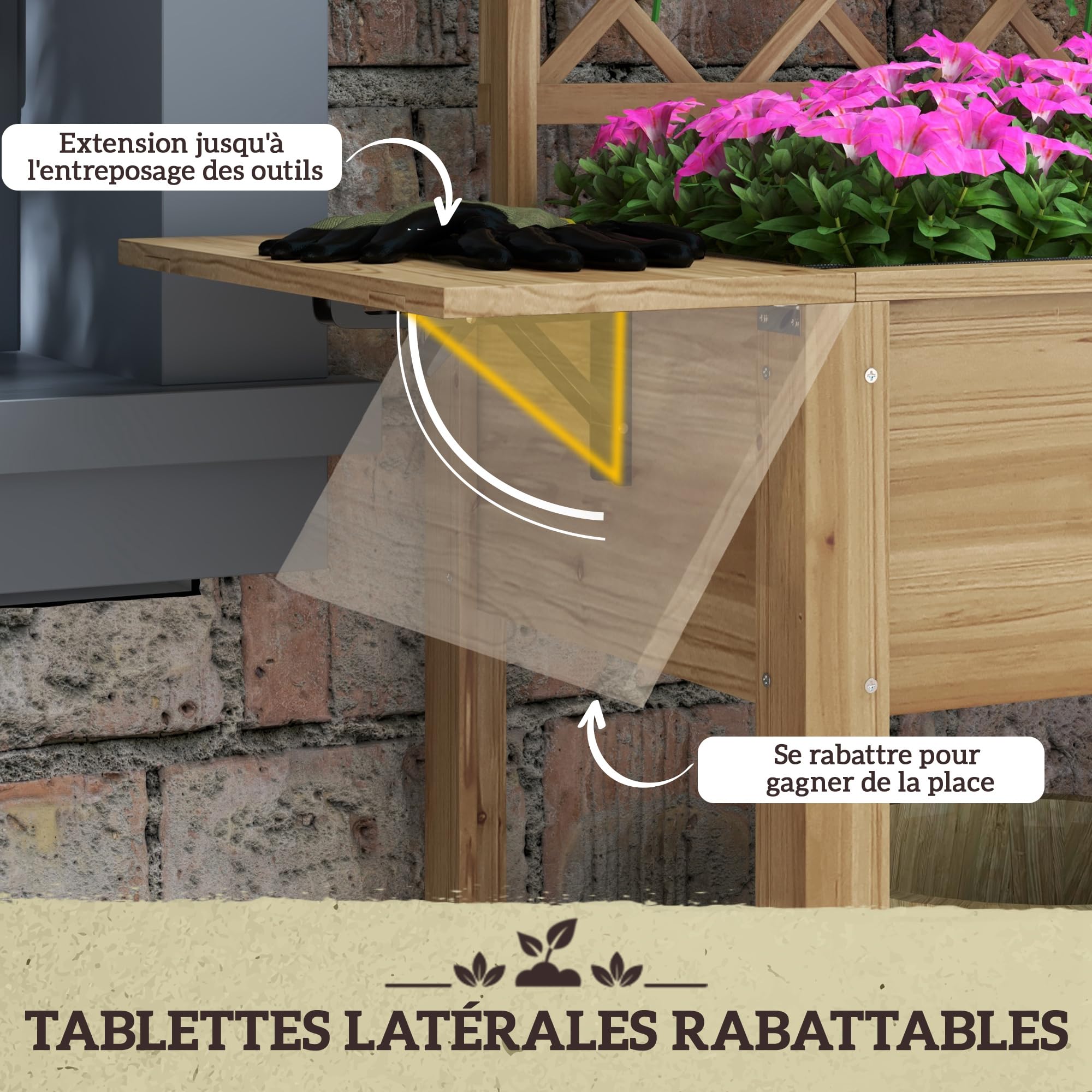 Outsunny - Jardinera rectangular con patas enrejado, 140 x 45 x 151 cm | Huerto elevado, 1 estante inferior, 2 estantes laterales abatibles, madera