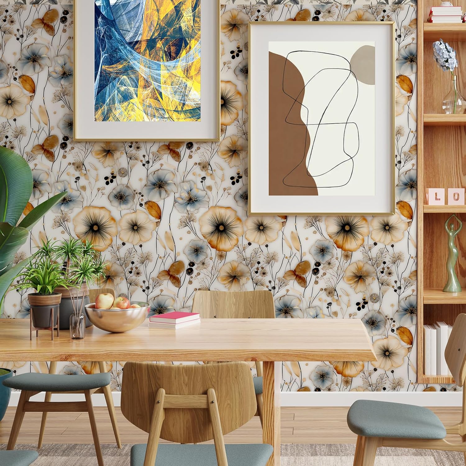 Watercolor Floral Peel and Stick Wallpaper Amber and Blue Leaf Gold Self Adhesive Removable Floral Wall Paper Renter Friendly Contact Paper for Bedroom Bathroom Walls Shelf Liner 17.71"X236.2"