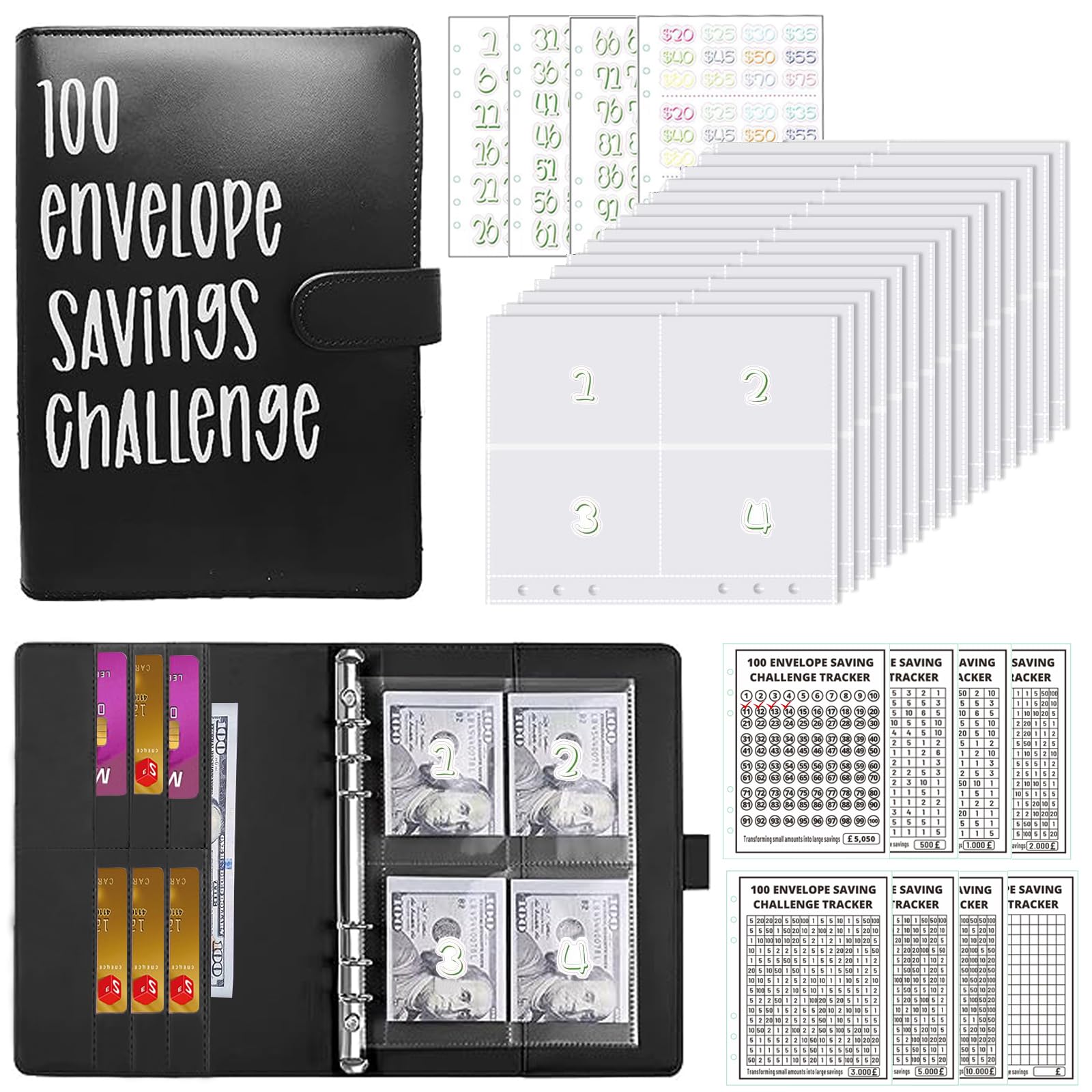 100 Envelope Challenge Binder Money Saving Wallet, A6 Cash Budget Savings Binder with 8 Budget Karten to Save £ 500, £ 1000, £ 2000, £ 3000, etc, Money Budget Ring Binder Cash Stuffing Planne