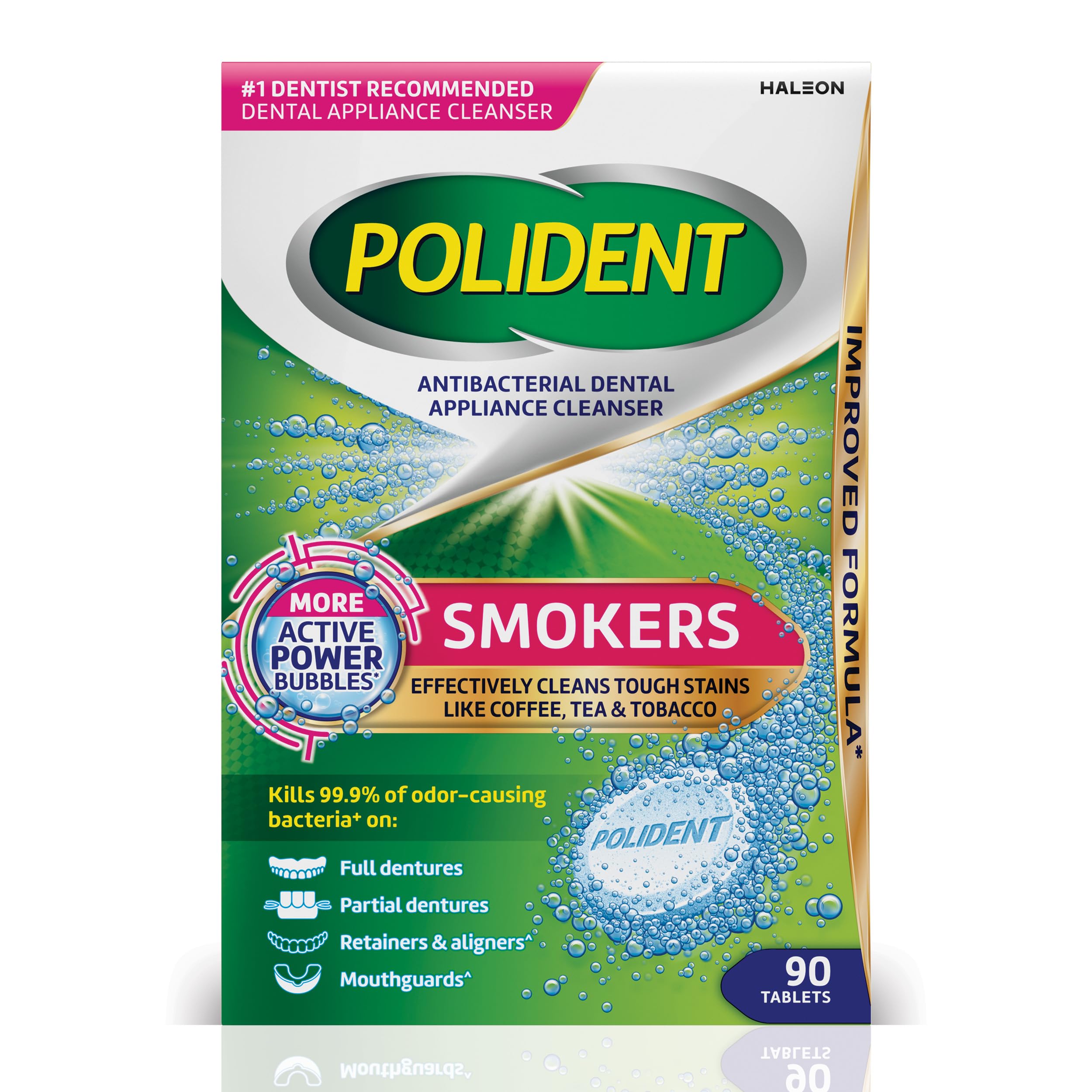 Polident Smokers Antibacterial Dental Appliance Cleanser Tablets, 90 Count | Antibacterial Denture Cleanser Tablets, HSA and FSA Eligible, Cleans Tough Stains Like Coffee, Tea, And Tobacco
