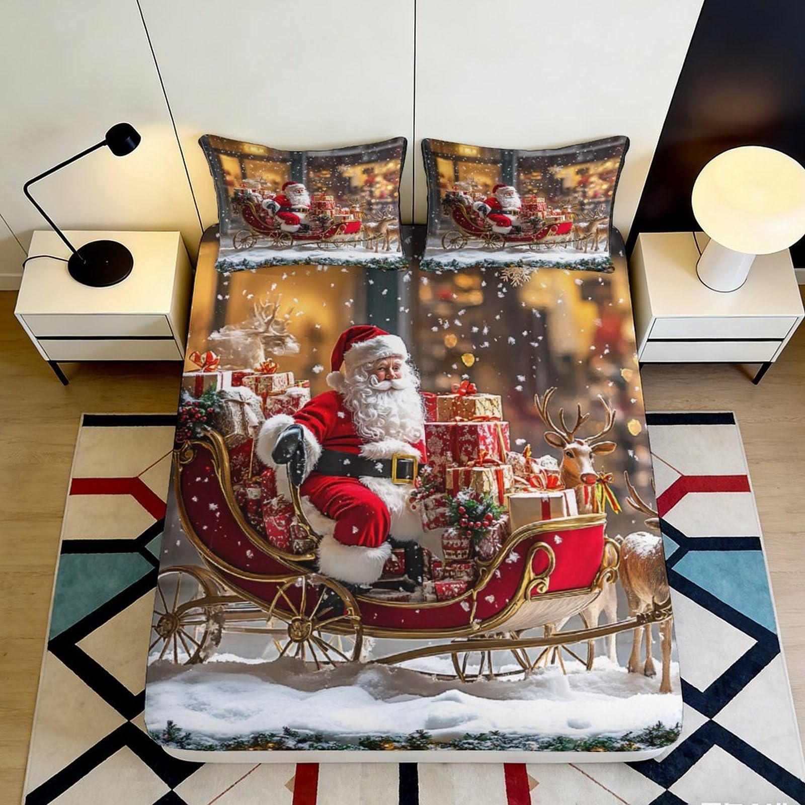 3D Printed Santa Claus Sleigh Fitted Sheet Microfiber Soft Comfortable Bed Cover for Bedroom Dormitory Guest Room Mattress Protection 200x200x25cm