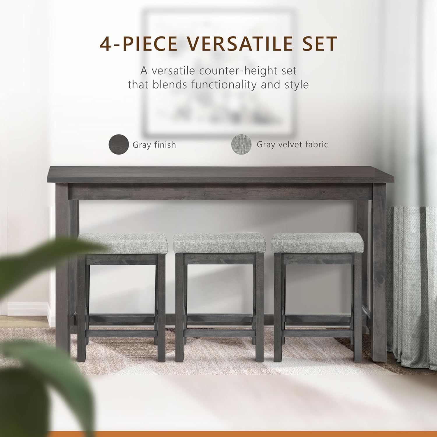 Lexicon 4-Piece Counter Height Table with 3 Stools, Wood Kitchen Counter Table Set with 2 Built-in USB Ports, 2 Charging A/C Power Outlets, Console Drawer, Upholstered Bar Stools, Gray