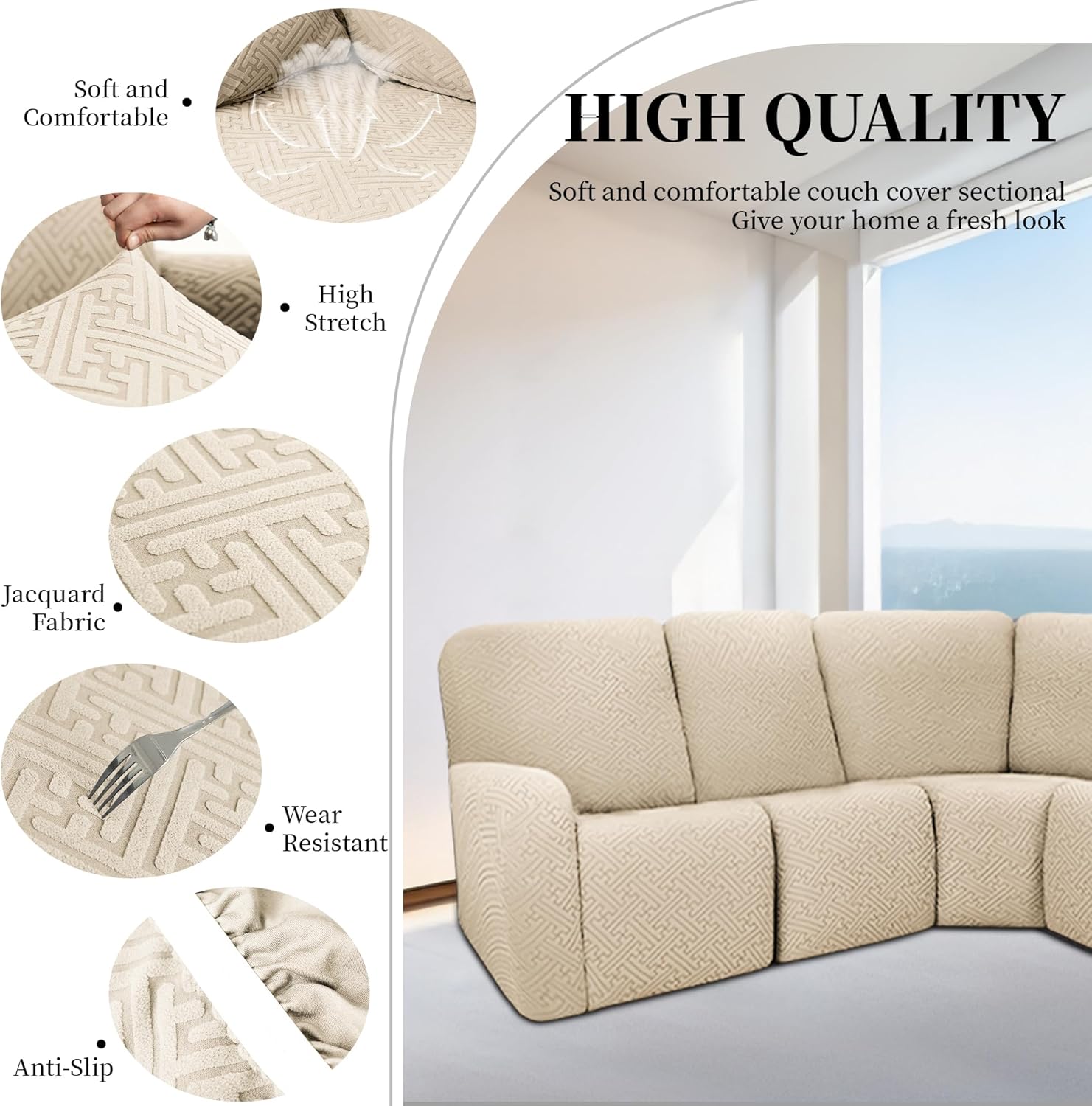 100% Waterproof Sectional Recliner Couch Covers for Reclining Couch L Shaped Corner Sectional Sofa Cover Jacquard Stretch L Shape Recliner Slipcovers (5 Seater Cover, Beige)