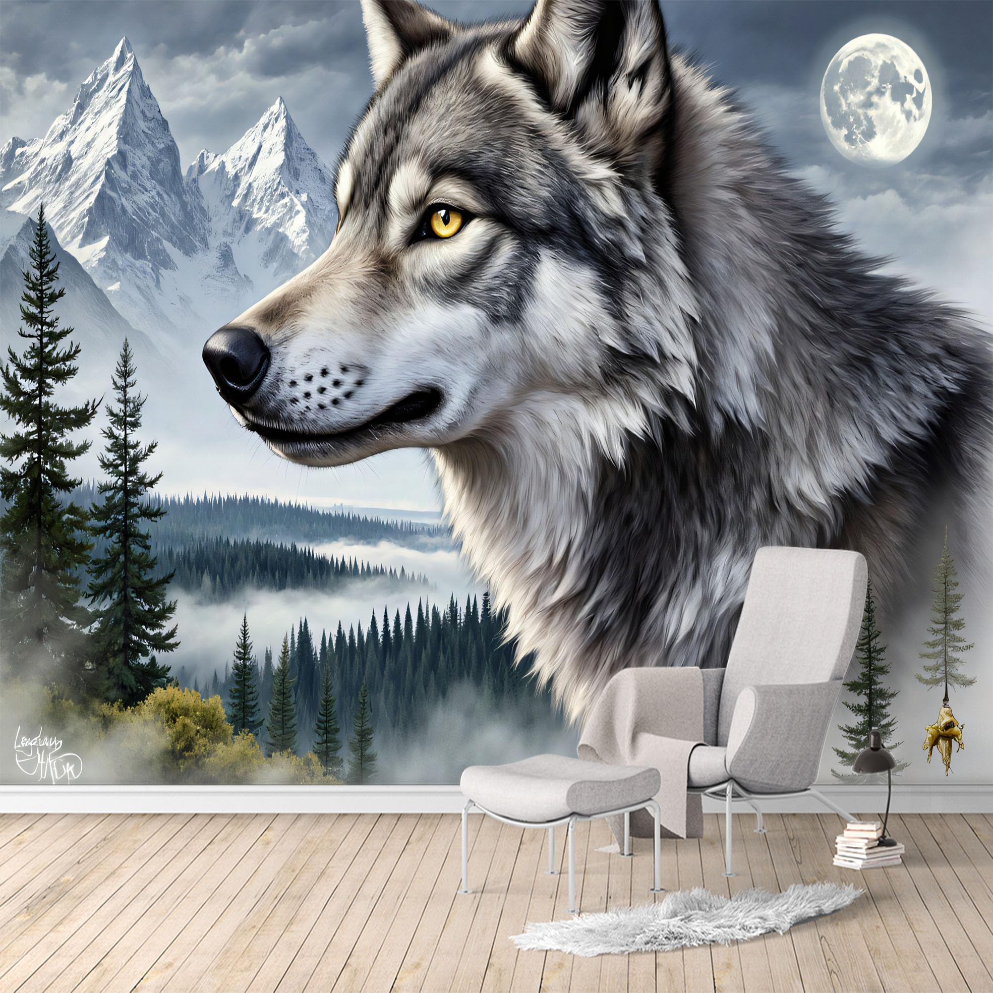 Custom Size Wall Murals, Gray Wolf Moonlit Mountain Forest Landscape Misty Pines, SelfAdhesive Water Activated Removable Wall Covering, Large Photo Wallpaper for Living Room Bedroom Office