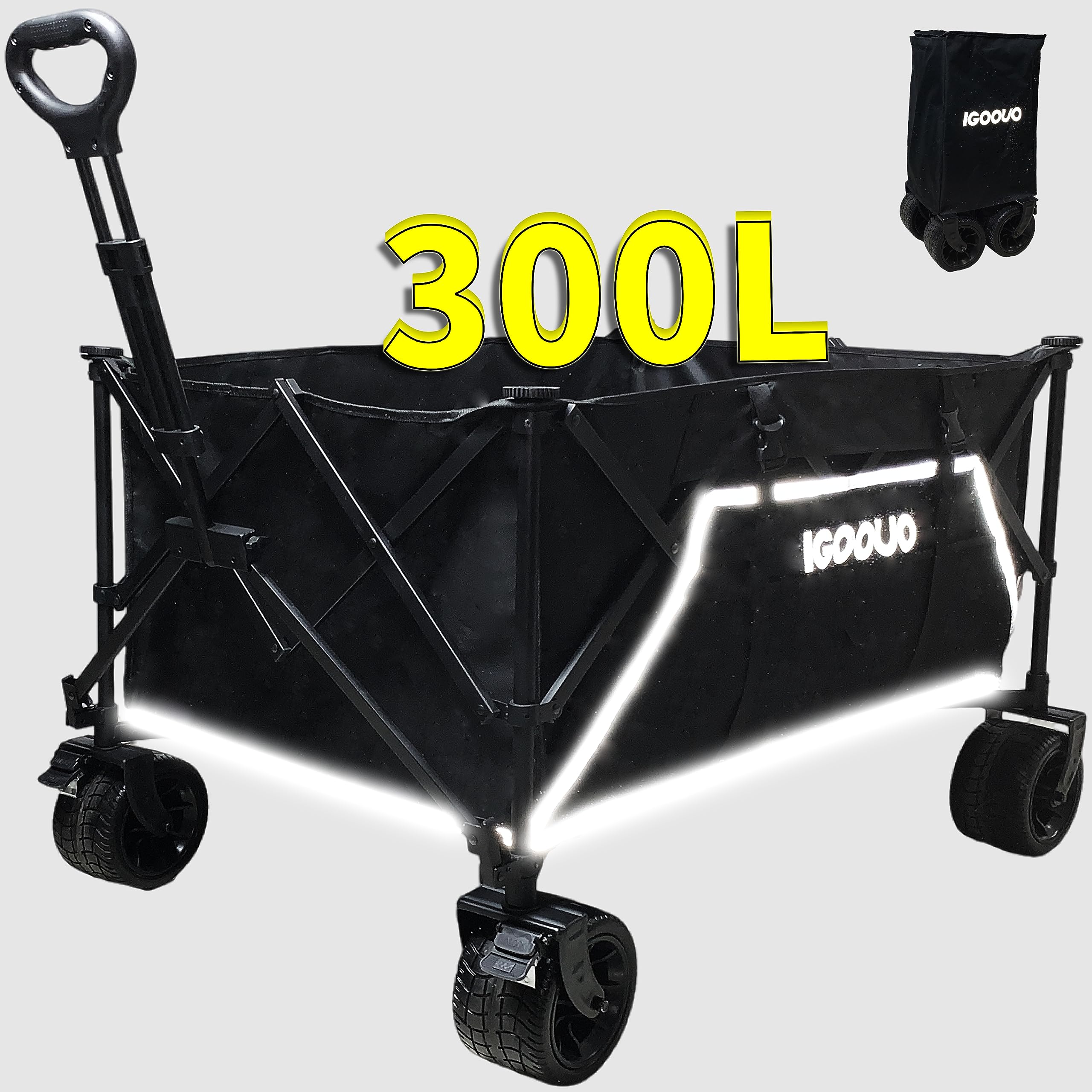 IGOOUO Collapsible Wagons Carts Heavy Duty Foldable,XXL 300L Portable Wagon with Upgrade Mute All-Terrain Big Wheels and Adjustable Handle,Utility Wagon with Two Brakes for RV Camping Beach Shopping
