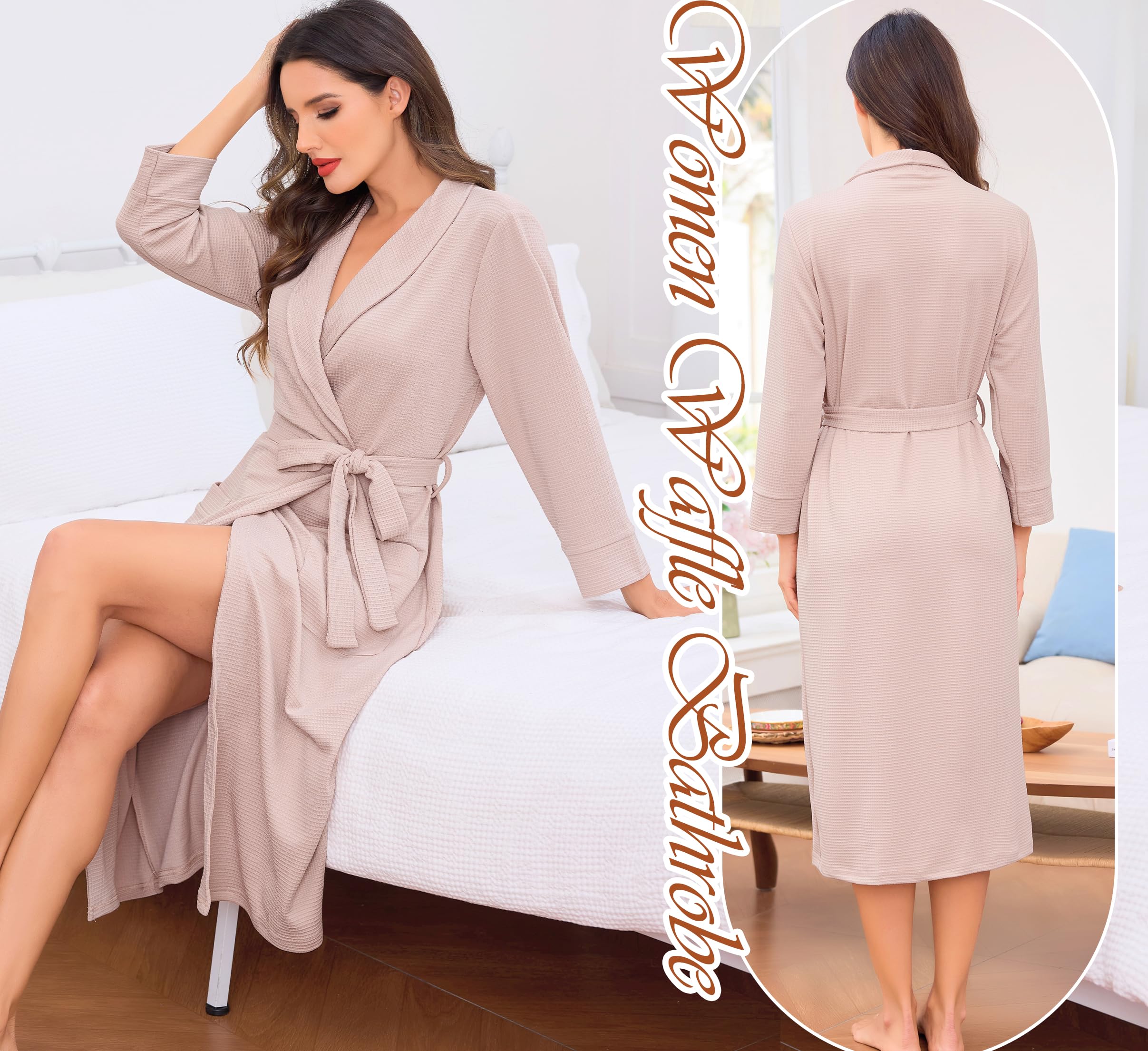 Vlazom Peignoir Femme en Coton Waffle Robe de Chambre Long à Col Revers avec Poches et Ceinture S-3XL