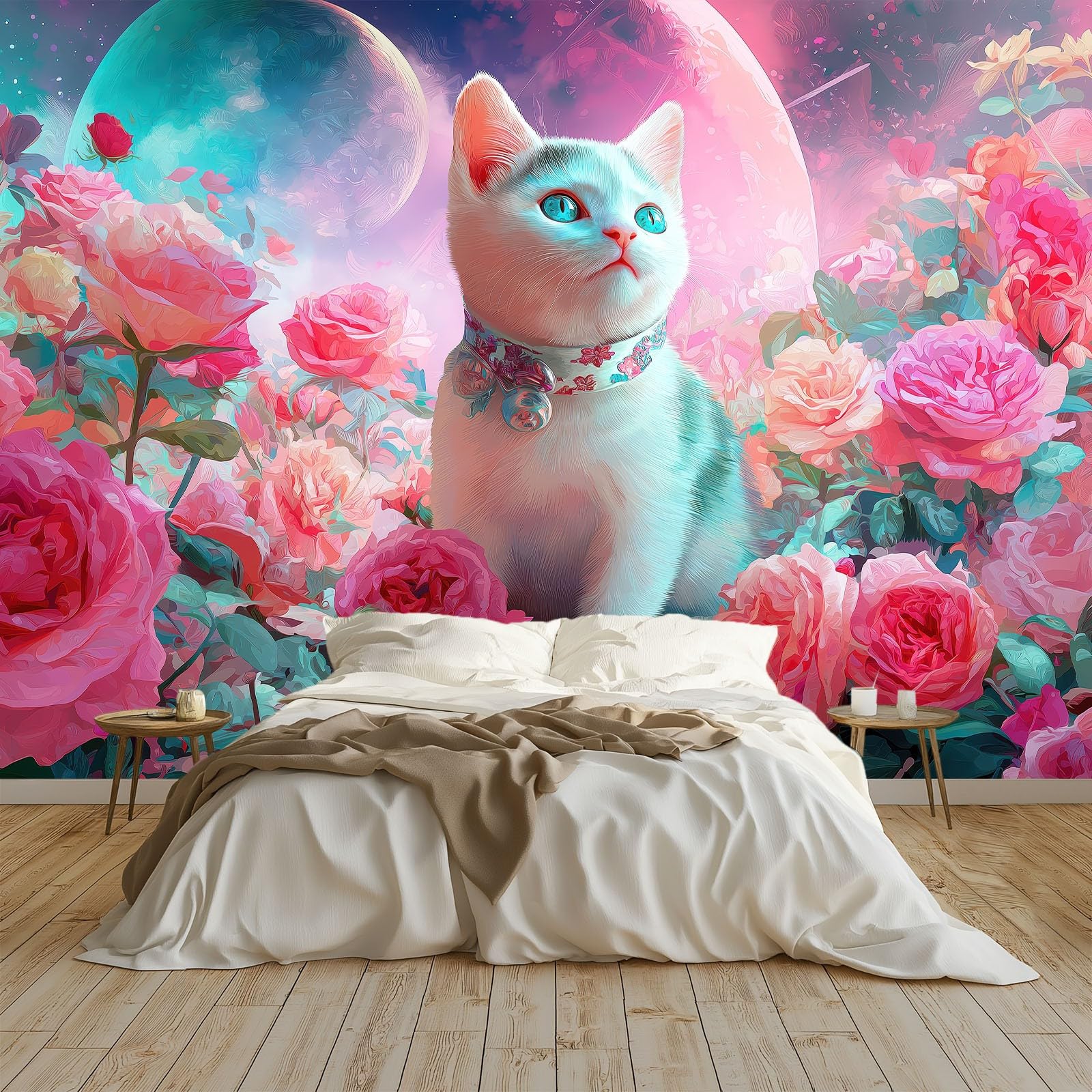 3D Fantasy Kosmos Kwiat Ogród Koty Włóknina Tapeta Mural 350 x 256 cm, Różowe Duże okładziny ścienne, Wklej na ścianę dla dziewcząt, chłopców, sypialni, przedszkola, nastolatków, pokoju zabaw, wystrój