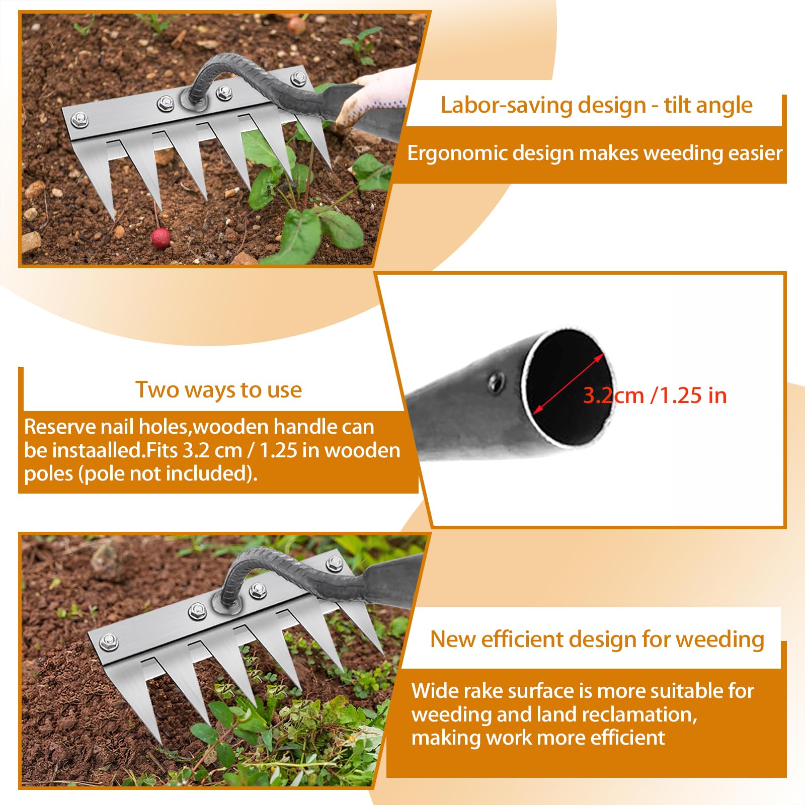 Râteau de Désherbage Multifonction en Métal, Râteau De Jardin 6 Dents, Râteau De Jardin Portable pour Désherber, Outillage De Jardin pour Désherber/Ameublir/Semence (sans Manche) 6 Dents