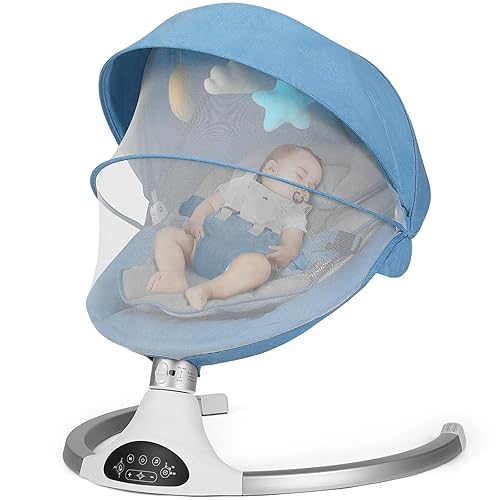 Miniatura 1 de Columpio de bebé para bebés, balancín para bebés con arnés de 5 puntos, columpio para bebés con soporte Bluetooth, 10 canciones de cuna