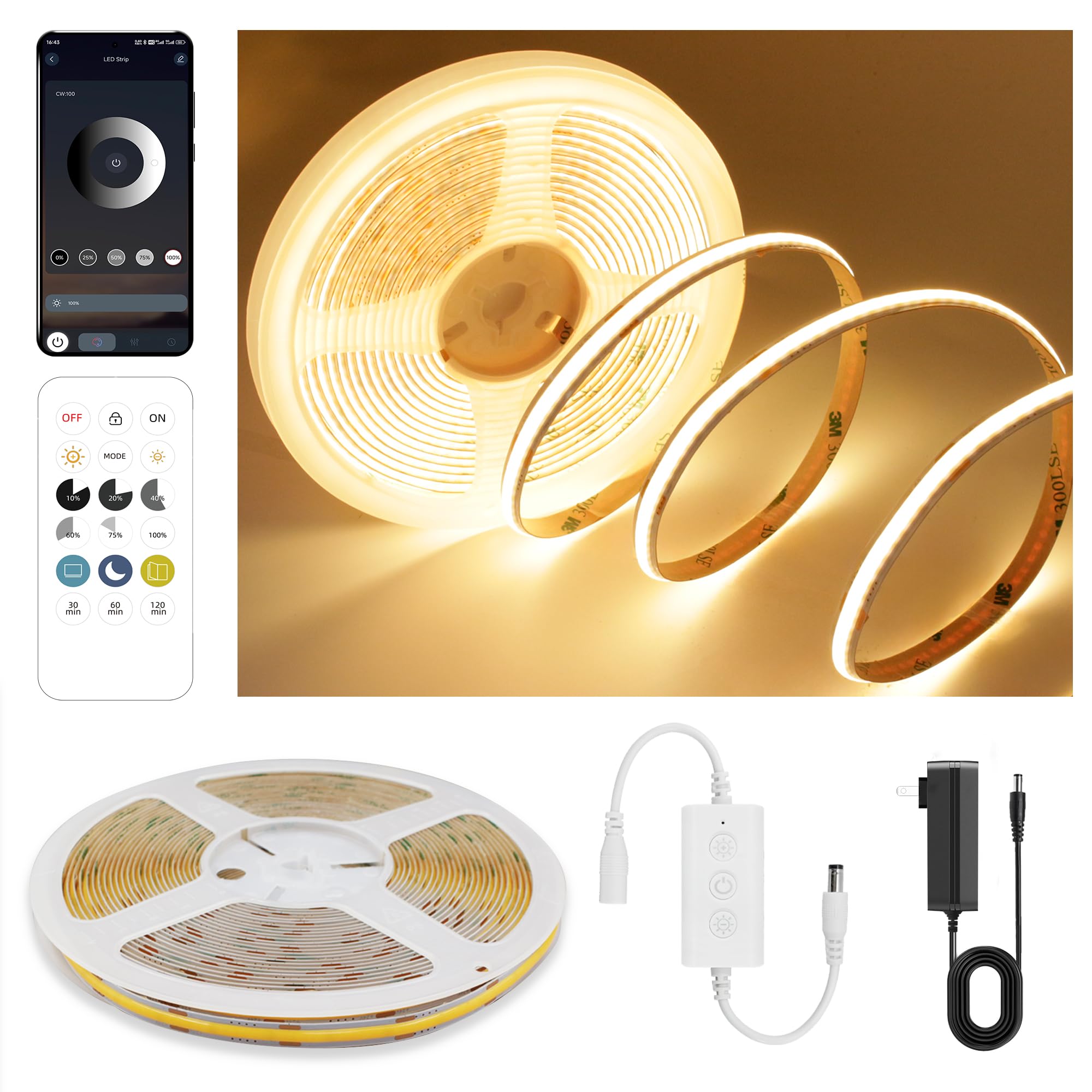 Pandery COB - Tira de luces LED de color blanco cálido, 24 V, regulable, kit de tira de luz LED con control remoto y aplicación, 2700 K, 3 m, 8 mm de ancho, Ra>90 tiras de luces flexibles cortables