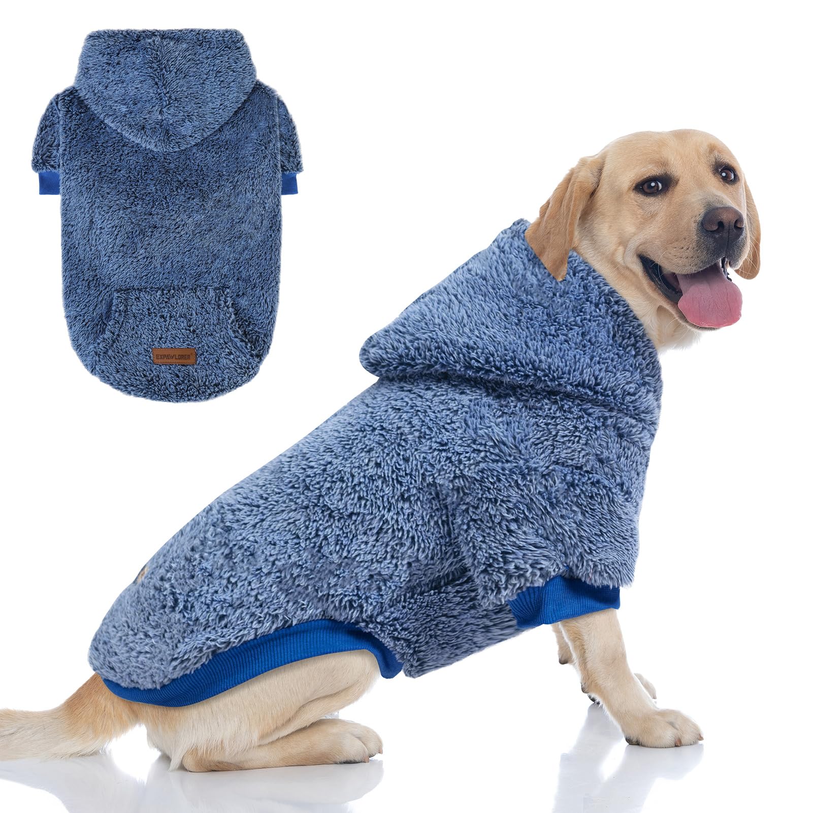 EXPAWLORER Dog Hoodie - Warm Fleece Dog Winter Clothes, Fuzzy Pet Apparel Sweater for Cold Weather, Hooded Dog Sweatshirt for Small Medium Large Dogs Boy Puppy