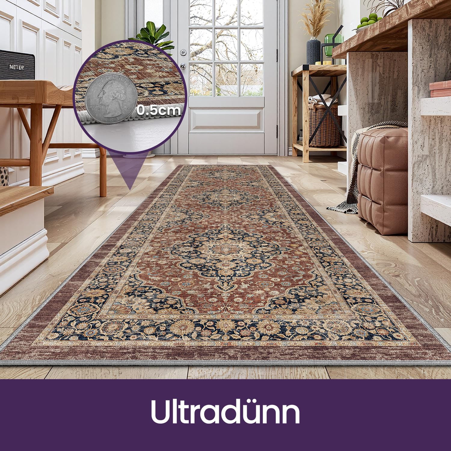 DEXI Läufer Flur Teppich 80 x 300 cm, Küchenläufer Lange waschbar rutschfest, Schmutz & Wasser Aufnehmen Dünne Vintage Teppichläufer für Hauseingänge, Küche, Waschküche, Rostrot