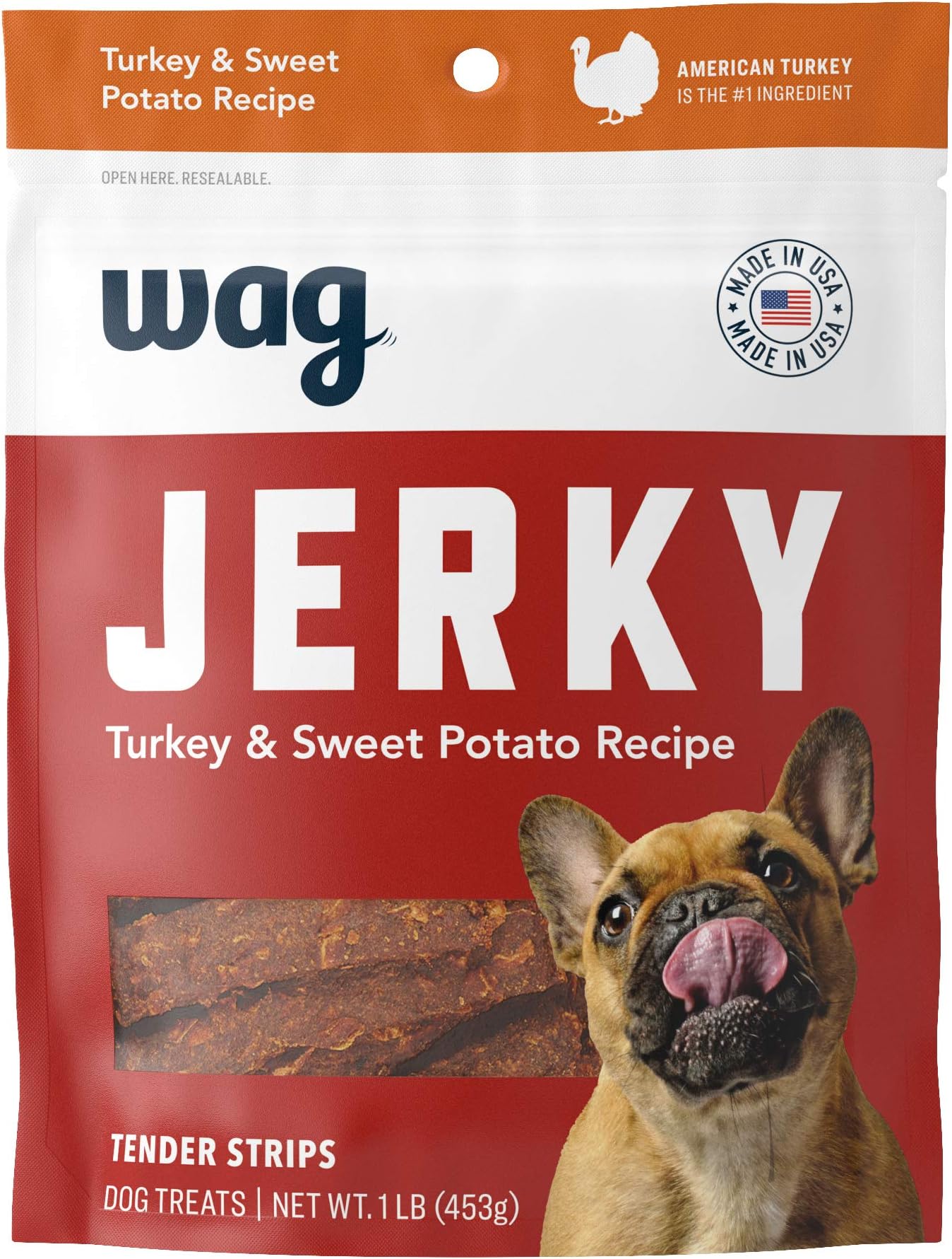 Amazon Brand - Wag Soft & Tender American Jerky Dog Treats โ Turkey & Sweet Potato, 16 Ounce (Pack of 1)