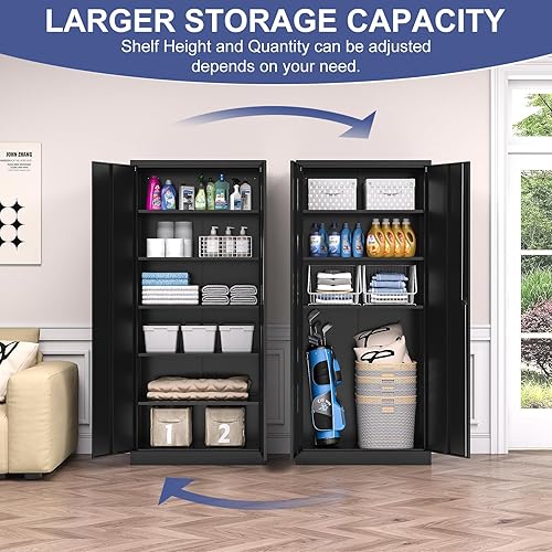 Miniatura 4 de LISSIMO Armario de almacenamiento de metal con cerradura, armario de garaje con cerradura con 2 puertas y 5 estantes ajustables, armarios altos de