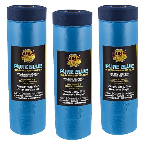 Dura-Gold Película de enmascaramiento precintada azul puro de 43 x 65 pies, paquete de 3 rollos de plástico para pintores (0.4 mil), hoja de caída