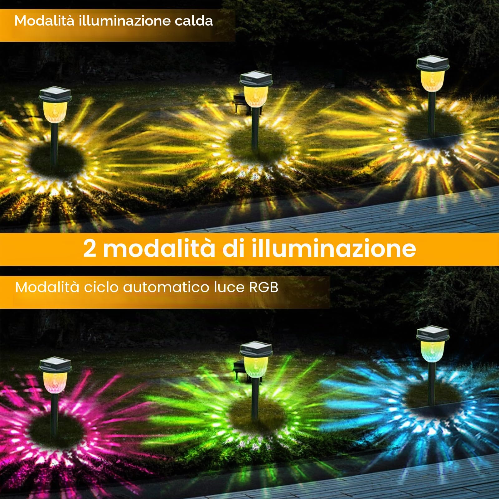 CREATESTAR Luci Solari da Giardino, 6 Pezzi Luci Solari Esterno Bianca Calda e RGB IP55 Impermeabile Lampade per Cortile Marciapiede Patio Prato Paesaggio Vialetto