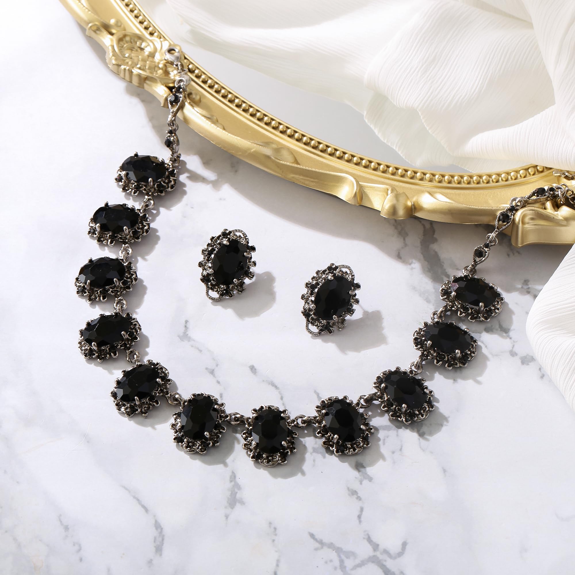 Set di gioielli da donna in stile vittoriano, motivo cammeo, ispirato ovale, con cristalli, per donne, feste, balli, gioielli verde smeraldo, oro anticato