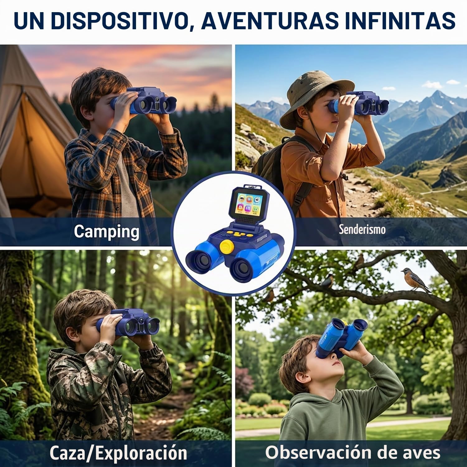 Prismáticos Niños con Zoom Óptico 10x y Cámara - Fotos 48 MP y Video 1080P, Visión Nocturna 25m, Aptos a Partir de 3 Años, Ideales para Observación de Animales y Naturaleza | Azul Oscuro