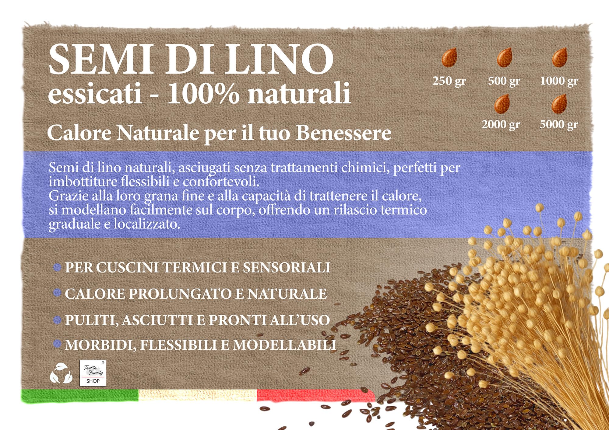 Tex family Semi di Lino Naturali Lavati e Sterilizzati – Per Cuscinetti Termici, Impacchi Cosmetici e Uso Artigianale - 5000g