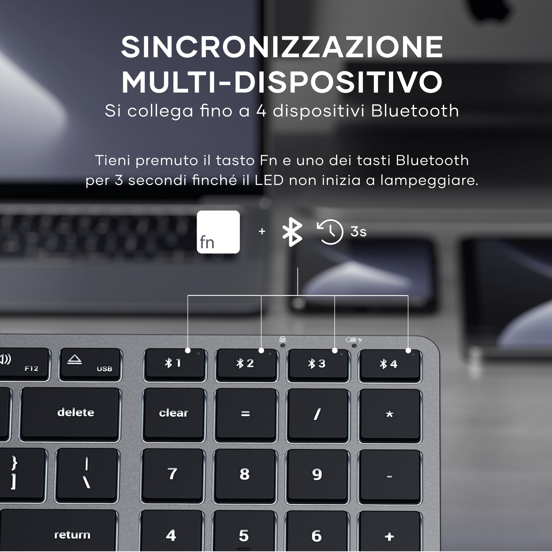 Satechi Tastiera Wireless Slim X2 𝗤𝗪𝗘𝗥𝗧𝗬 𝗨𝗦, Tastiera Bluetooth con Tastierino Numerico, Retroilluminata e Ricaricabile, per Mac, Windows e Android (Grigio, Layout Americano)