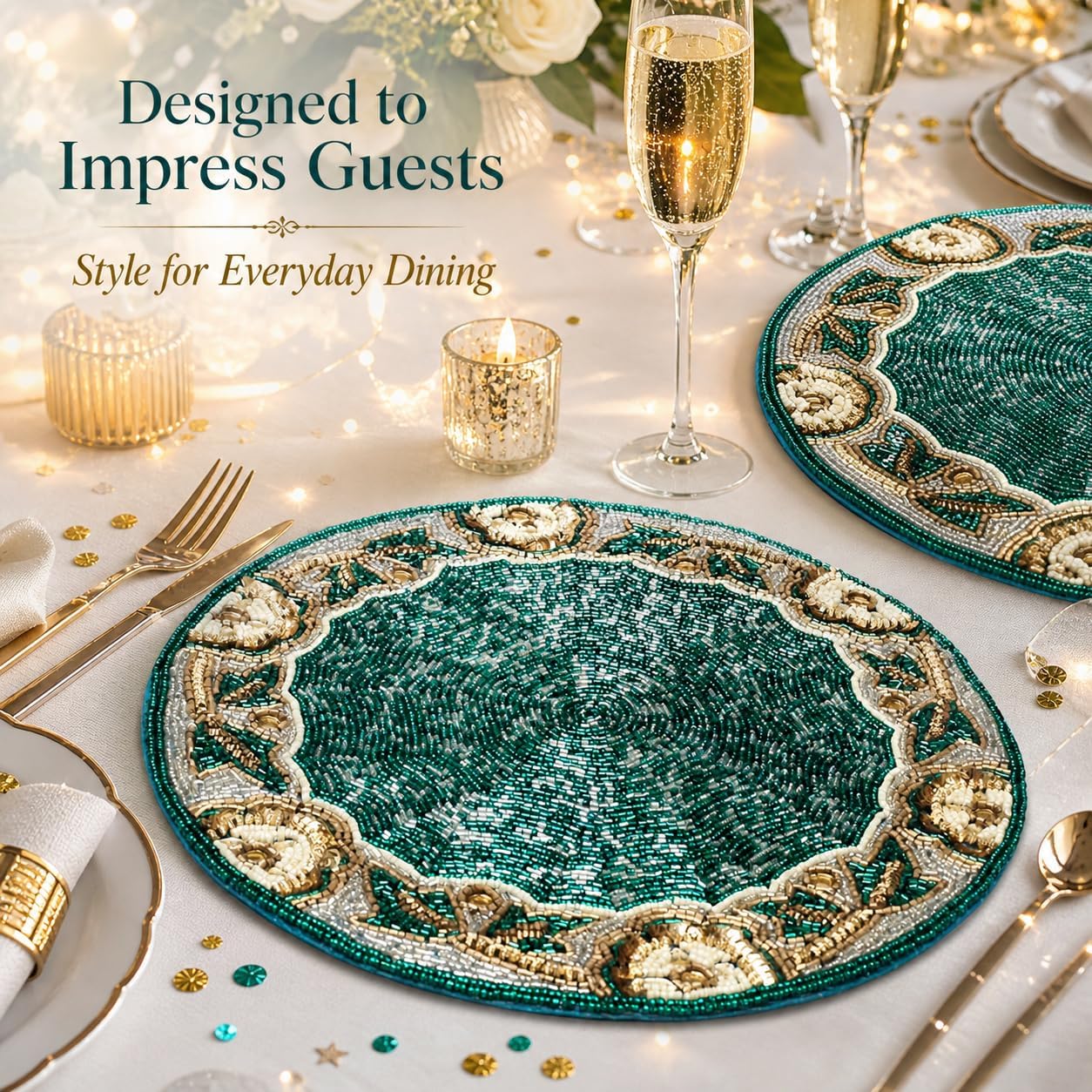 Beaded Round Placemats 13” – Teal Silver White Gold Beaded Charger Placemats for Dining Table, Decorative Glitz Placemats for Holiday, Christmas, Wedding & Party Table Setting image 2