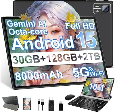 2026 Tablette Android 15 30Go RAM+128Go ROM + TF 2To 10 Pouces,Gemini AI,Octo-Core, 8000mAh,GPS,Corps intégré en métal, 5MP+8MP, WiFi 5G& BT 5.0, Widevine L1 Tablet Avec Clavier et Souris – Noir