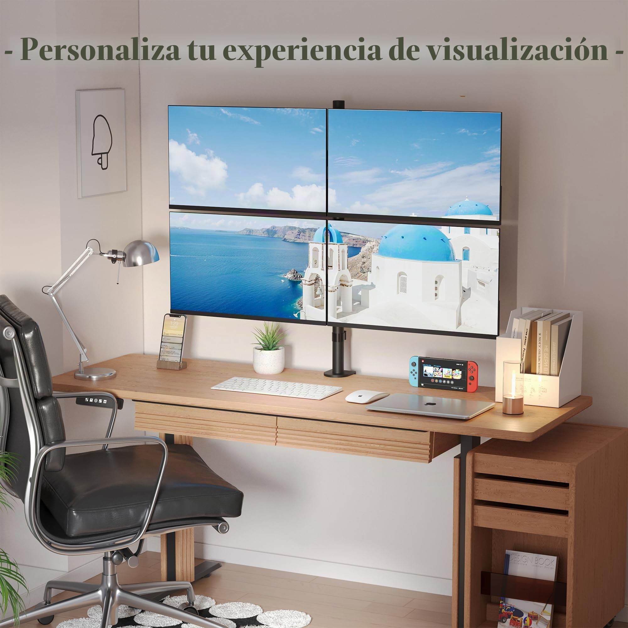 BONTEC Soporte Monitor para 4 Monitores de 13-27 Pulgadas LED/LCD, Soporte para Mesa con Peso Máximo 10KG de Cada Brazo, Giro de 360° y Rotación de 180°, Altura Ajustable, VESA 75x75/100x100, Negro