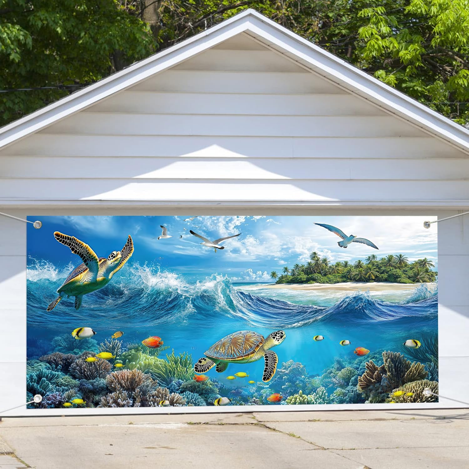 16X7FT Summer Under The Sea Garage Door Banner Cover, Ocean Beach Sea Turtle Wave Seaside Islands Party Decorations Backdrop Background, Summer Holiday Outdoor Party Decor