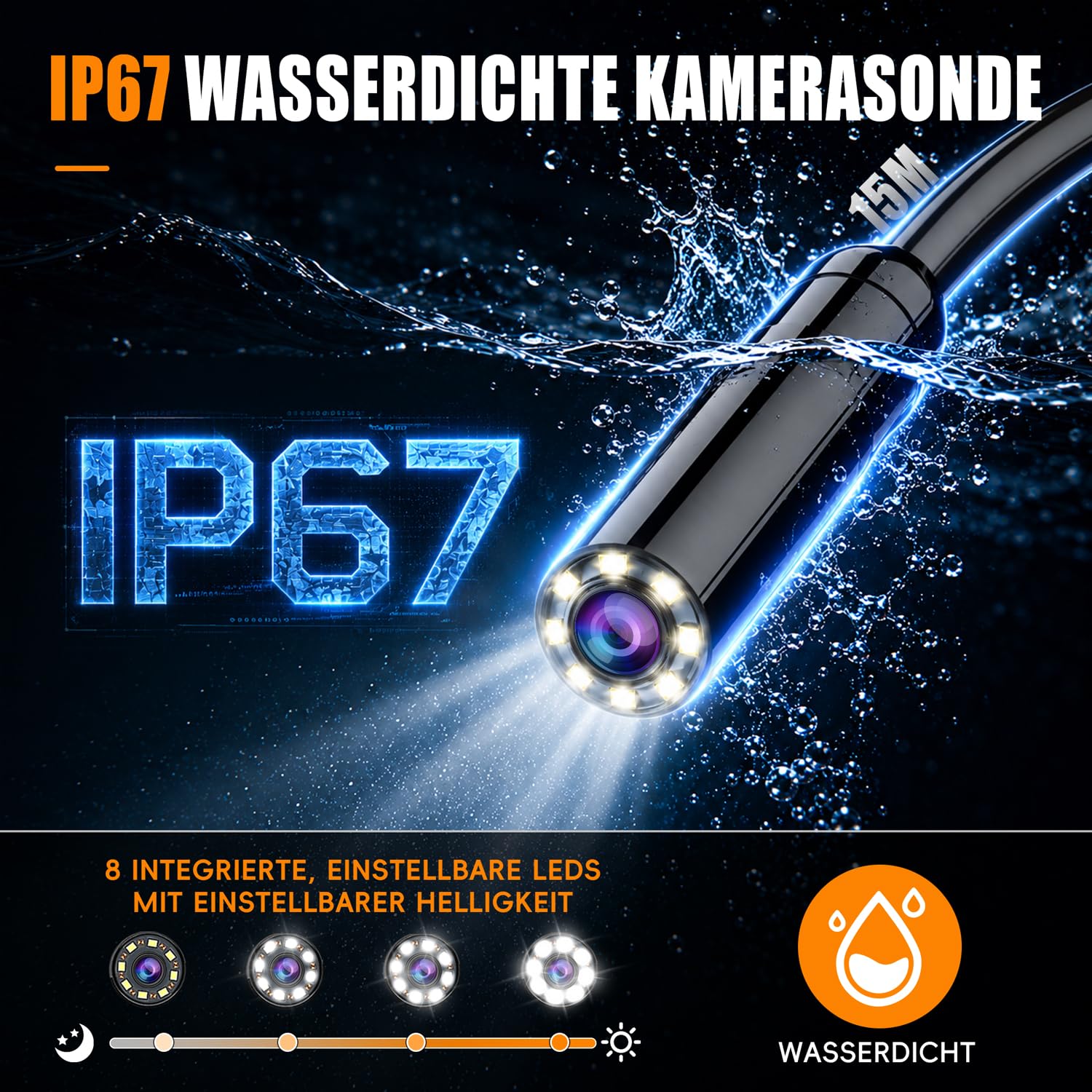 Endoskopkamera mit Licht, SKYBASIC Industrie Endoskop, 4.3-Zoll-IPS- Bildschirm Inspektionskamera,IP67 Wasserdichtes,1080P HD Rohrkamera mit 8 Einstellbaren LEDs -49.2FT/15M Halbstarres Kabel