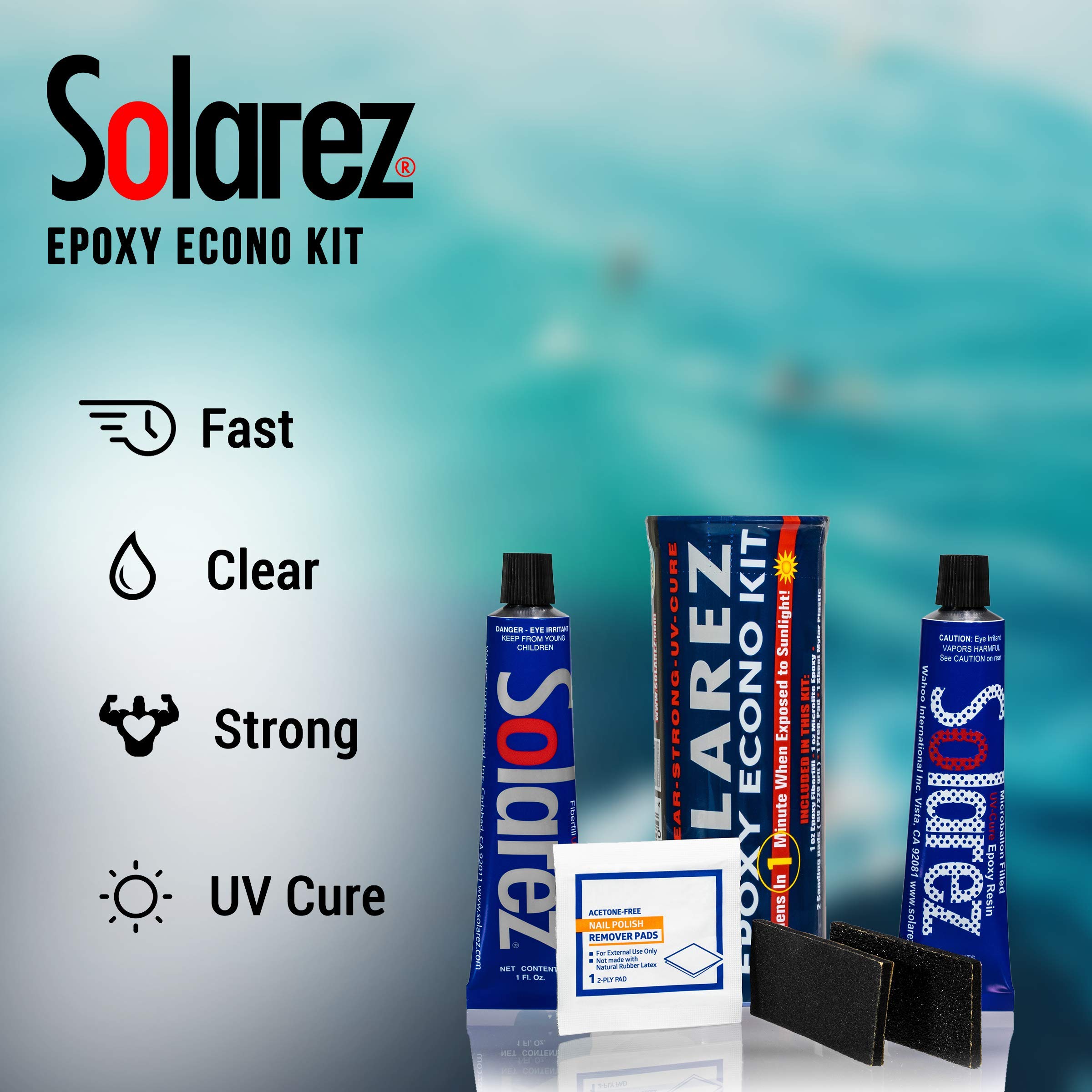 SOLAREZ EPOXY Econo Gift Kit ~ UV Cure Surfboard Repair Epoxy, SUP, Wakeboard Repair, w Epoxy Fiberfil stucco, Tubo Microlite Stucco Epossidico, 2 cuscinetti di sabbia e acetone Prep-Pad~ Prodotto