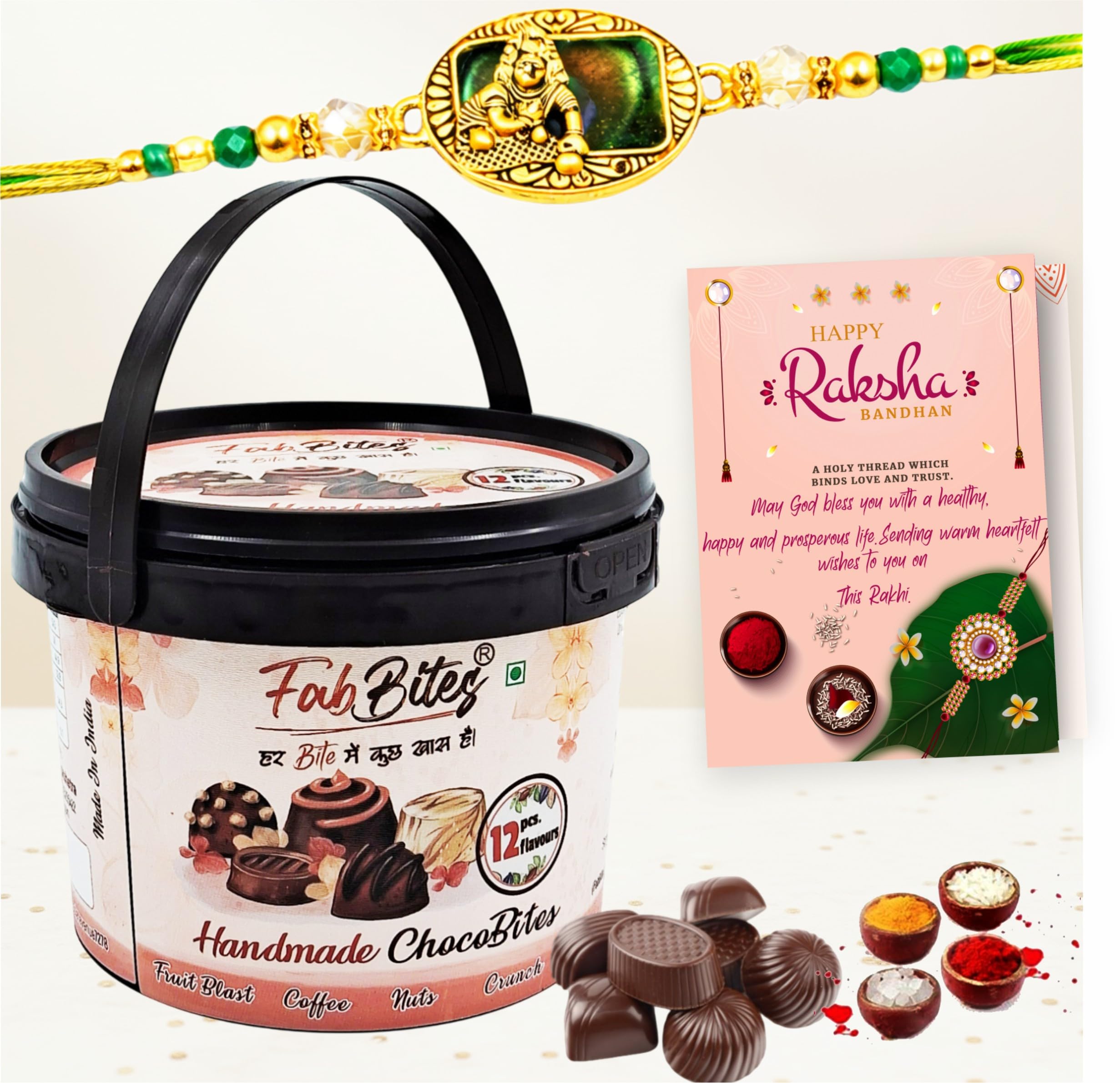 Single Rakhi Set for Brother | 1 Set Rakhi with Chocolate Gift Hamper Box-12 Variety Chocolate with Designer Krishna Rakhi,Roli,Chawal-image-10