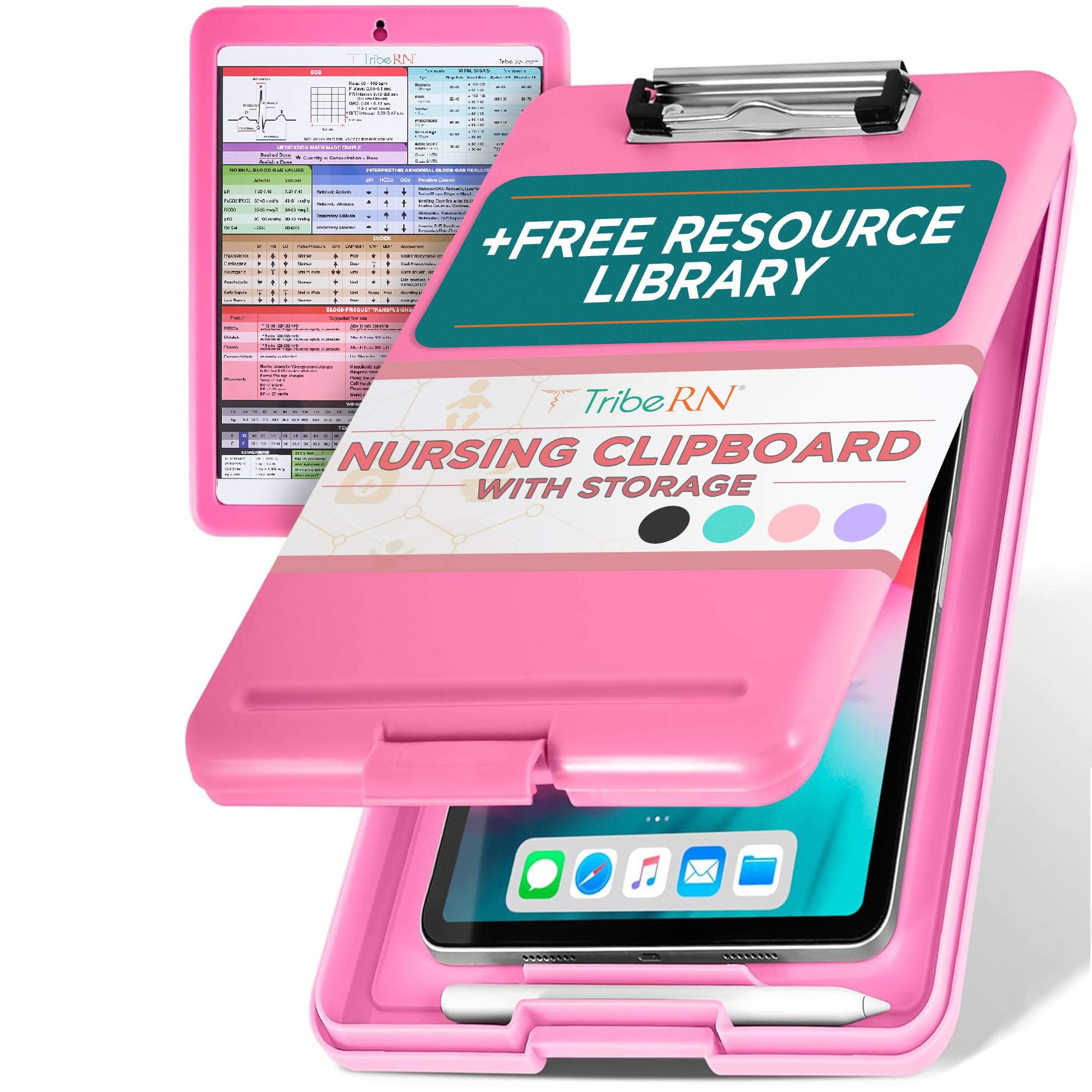 Tribe RN Pink Plastic Letter Clipboard with 200 Sheet Capacity and Modern Design - Nursing Clipboard with Storage and Quick Access Reference Guide