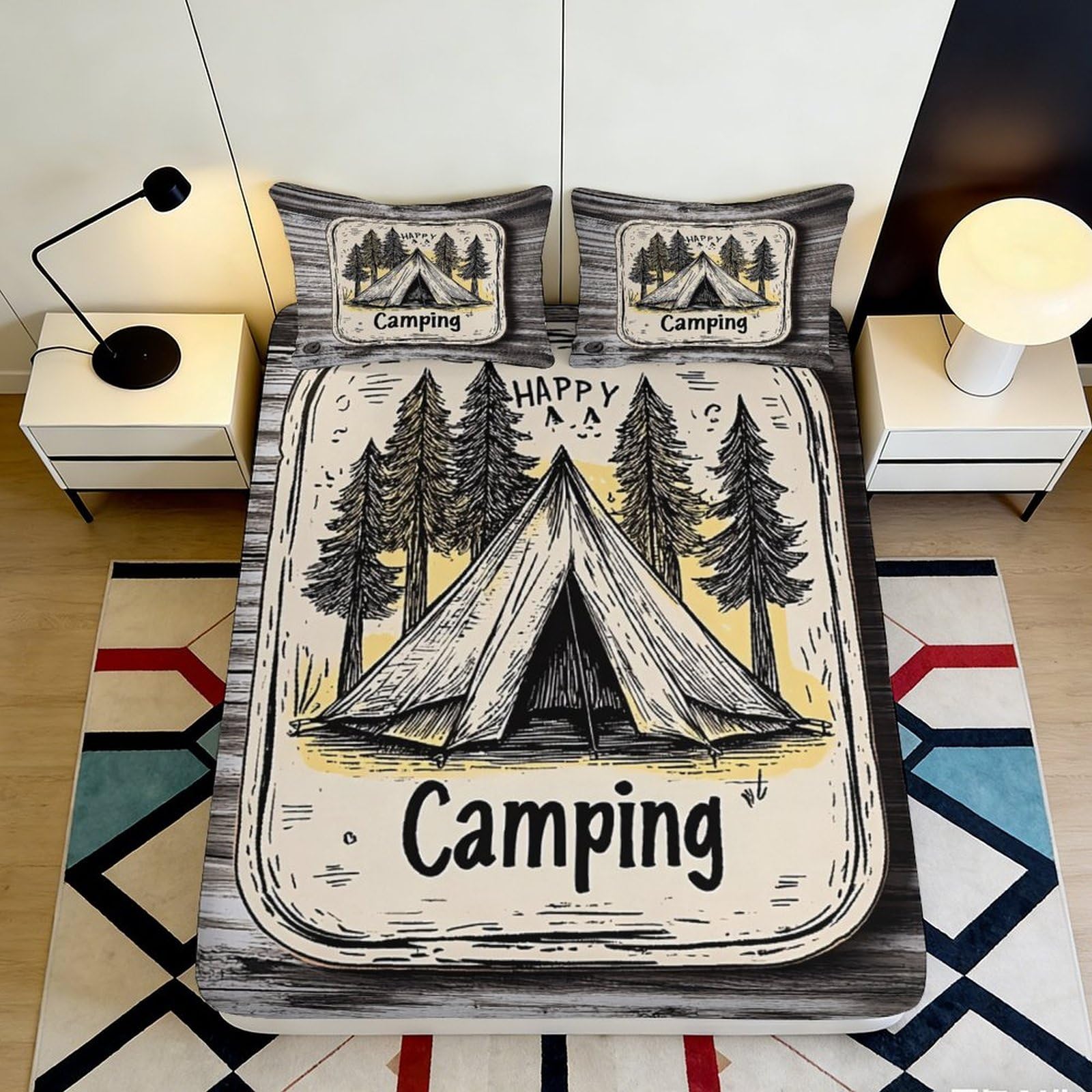3D Printed Camping Tent Fitted Sheet Microfiber Forest Pine Trees Bed Cover for Bedroom Guest Room Decor 90x200x25cm