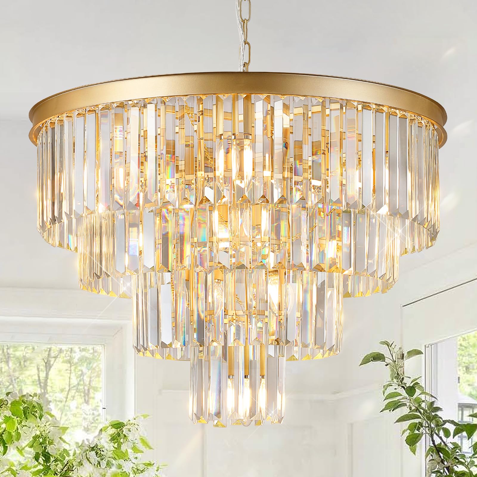 Gold Crystal Chandeliers, 24” Modern Large Chandeliers Luxury 4-Tier 12 Lights K9 Crystal Round Ceiling Pendant Light Fixture Contemporary for Dining Room Foyer Staircase Living Room