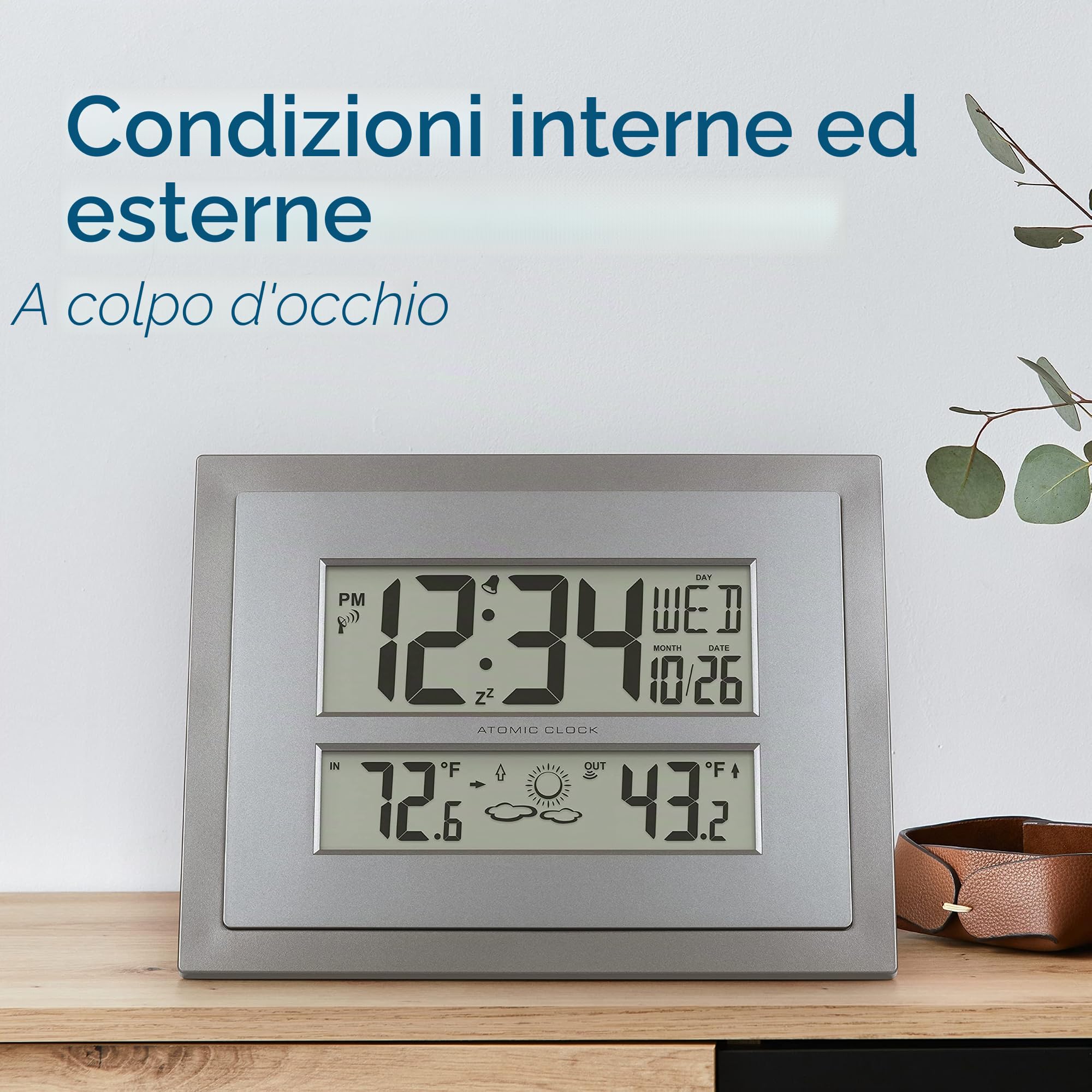 La Crosse Technology 512-85937-INT Orologio da parete digitale atomico con temperatura e previsioni in grigio/argento