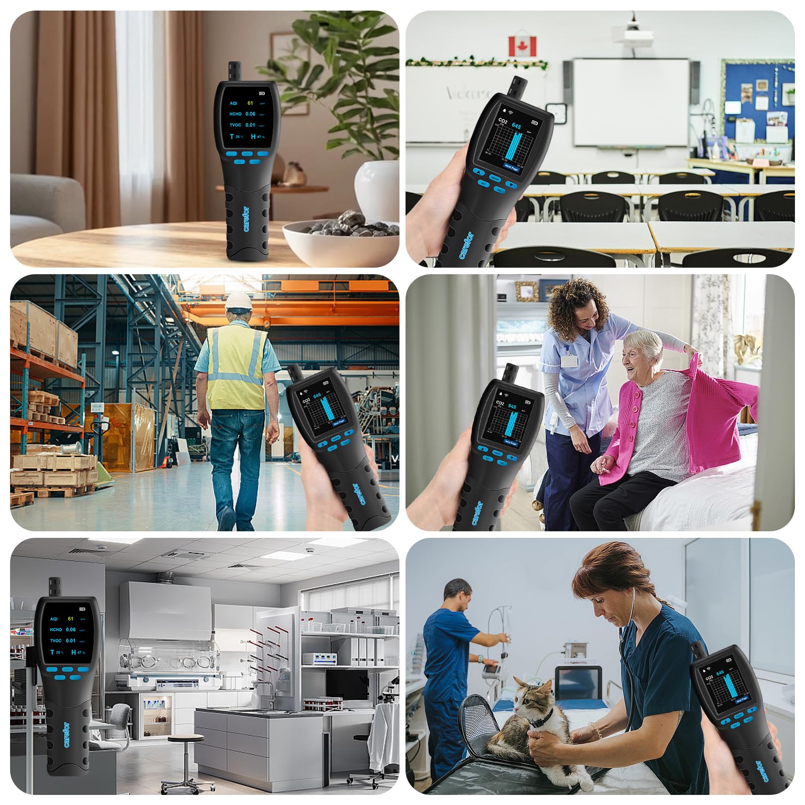 CF‑60 PP Professionale qualità aria misuratore con grafici dei dati sul dispositivo e report esportabili, rilevatore portatile 16 in 1 per AQI, CO2, TVOC, HCHO, PM2.5/10/1.0, polline ecc