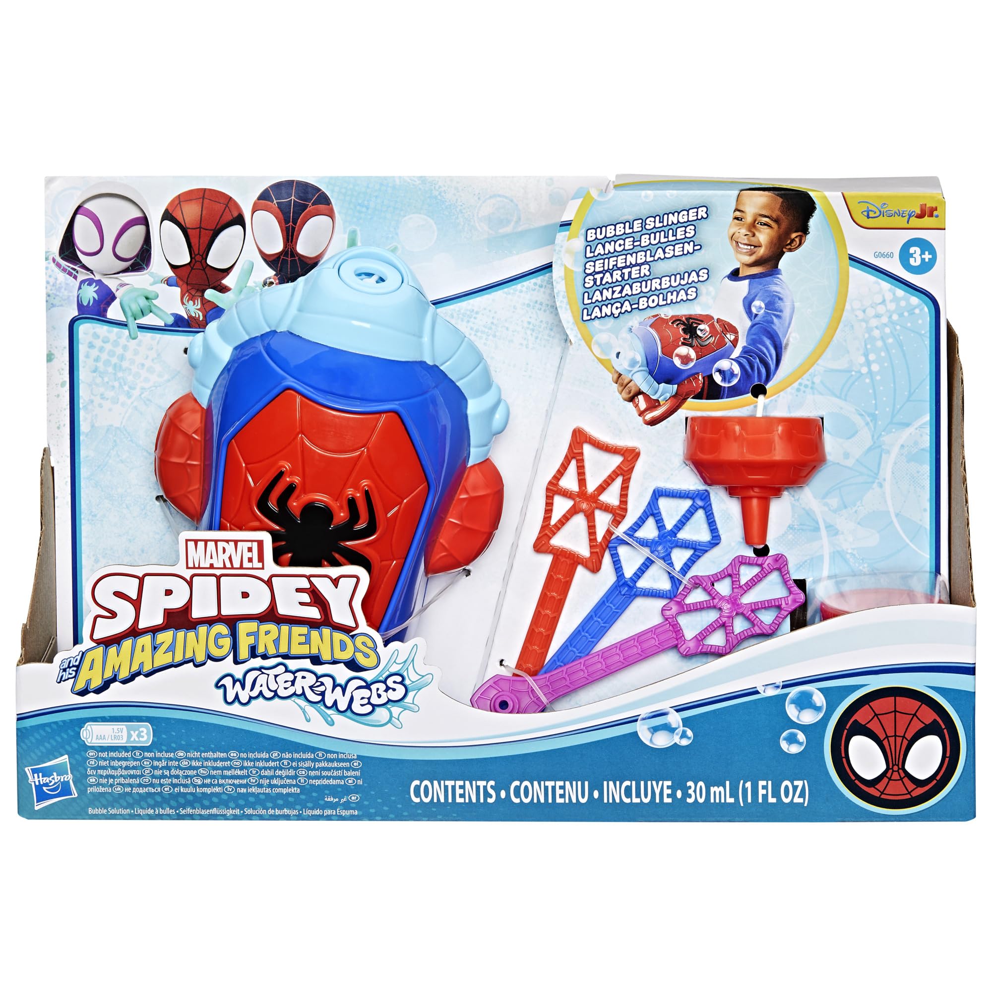 Marvel Spidey and His Amazing Friends, Water-Webs, Lanzaburbujas, Juguete electrónico para Juego de ro