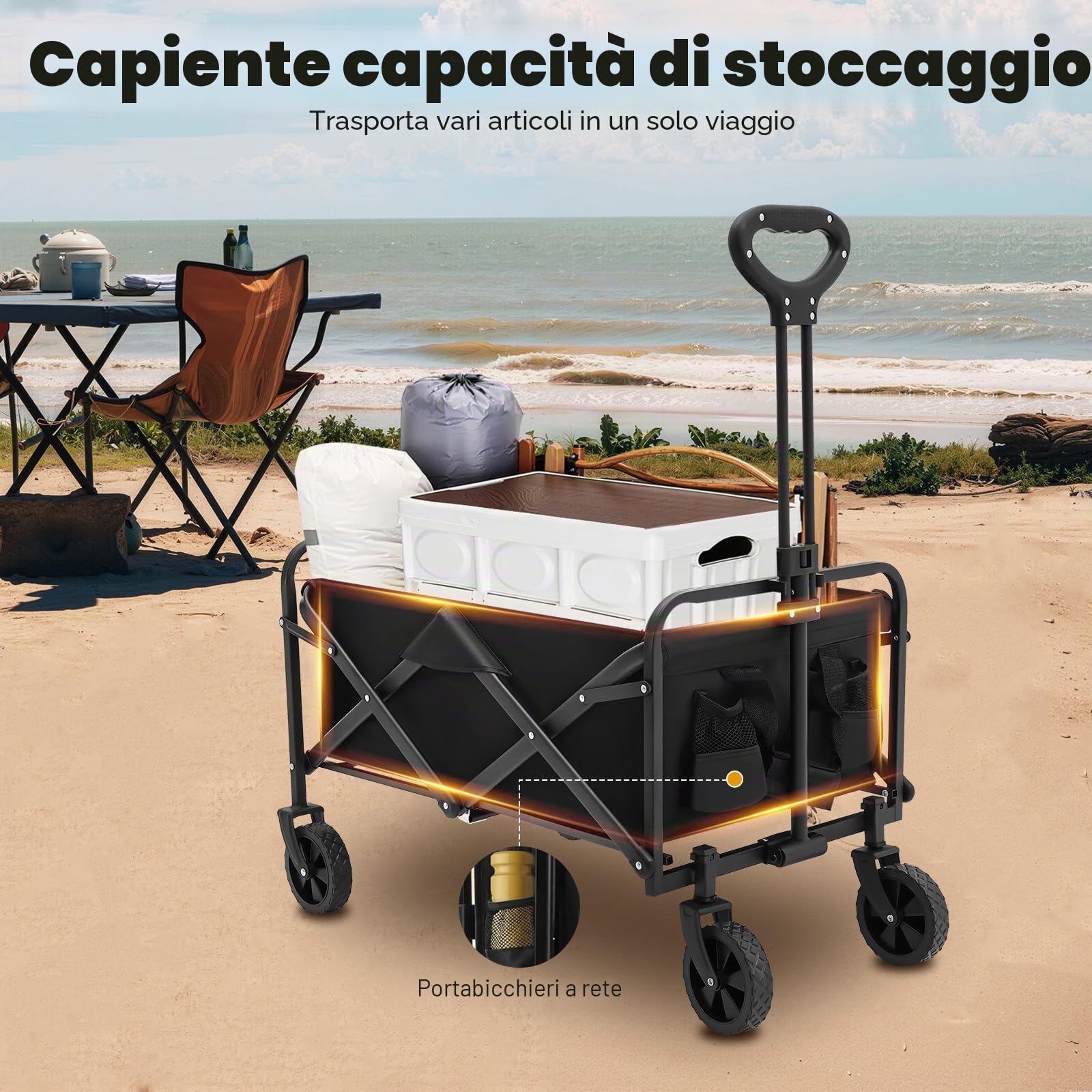 Carrello pieghevole con portabicchieri e maniglia regolabile, carrello pieghevole come carrello da trasporto e carrello da spiaggia per esterni, campeggio, shopping, giardino, portata 80 kg, nero