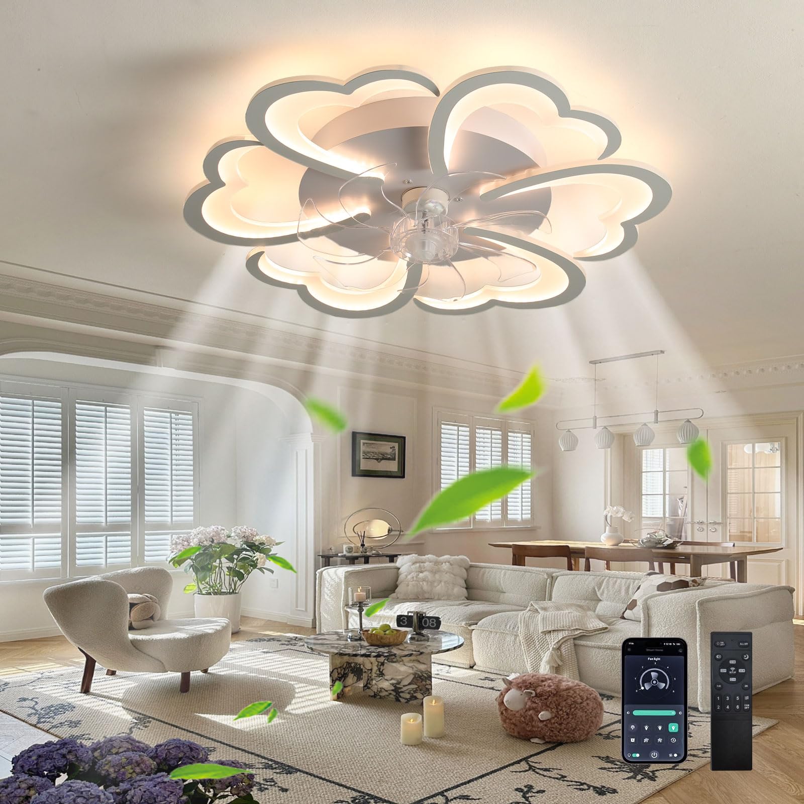 HXYSXHJUO Living Room Ceiling Fan with Light, Embedded Petal Design, 6 Speeds and 3000K-6500K, Dimmable, Modern Bedroom Reversible DC Motor, Remote Control