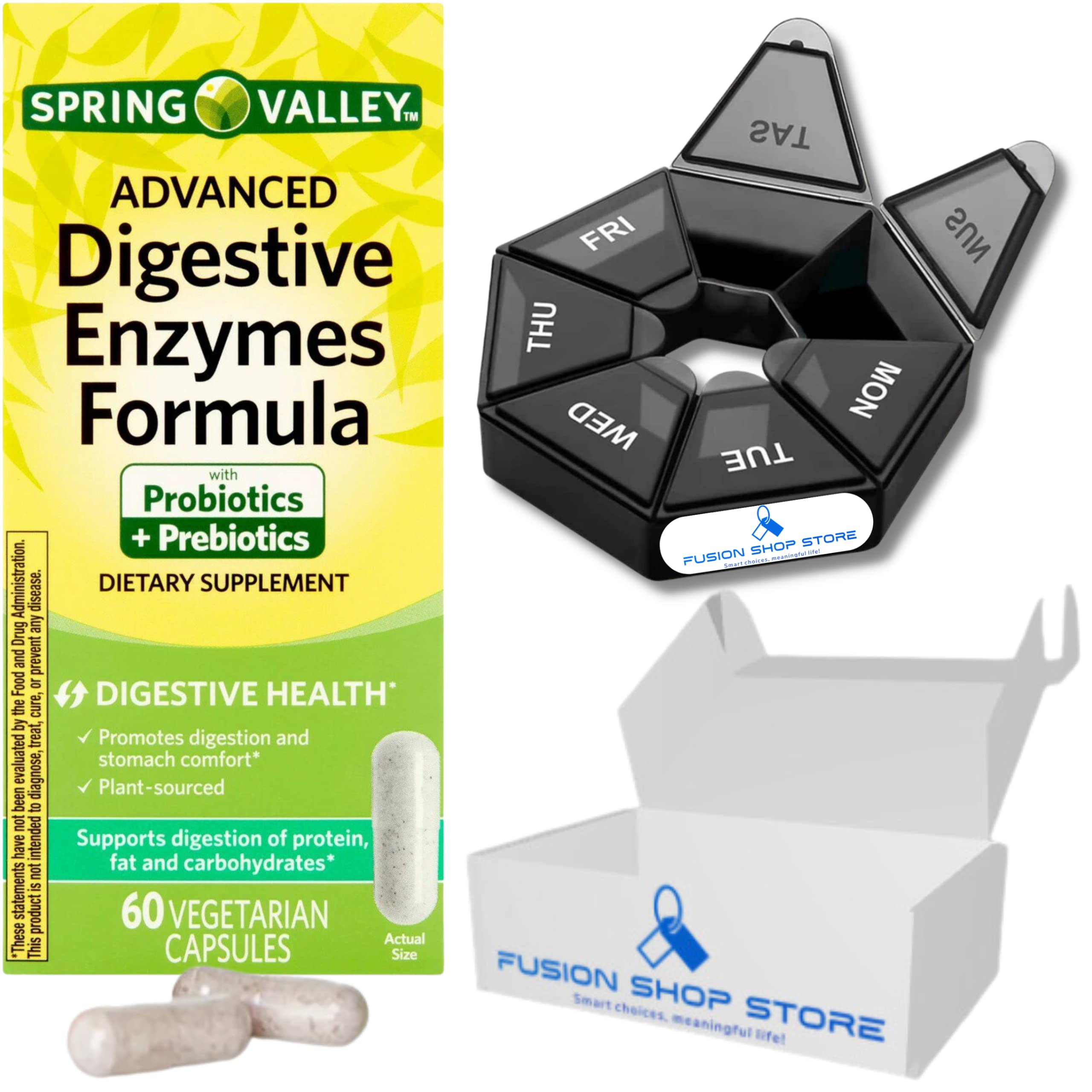 Spring Valley Probiotic Multi Enzyme, Digestive Health Plus Prebiotics 1 Billion Active Cultures 60 ct, Set with Fusion Shop Store Week case (1) (Pack of 1)
